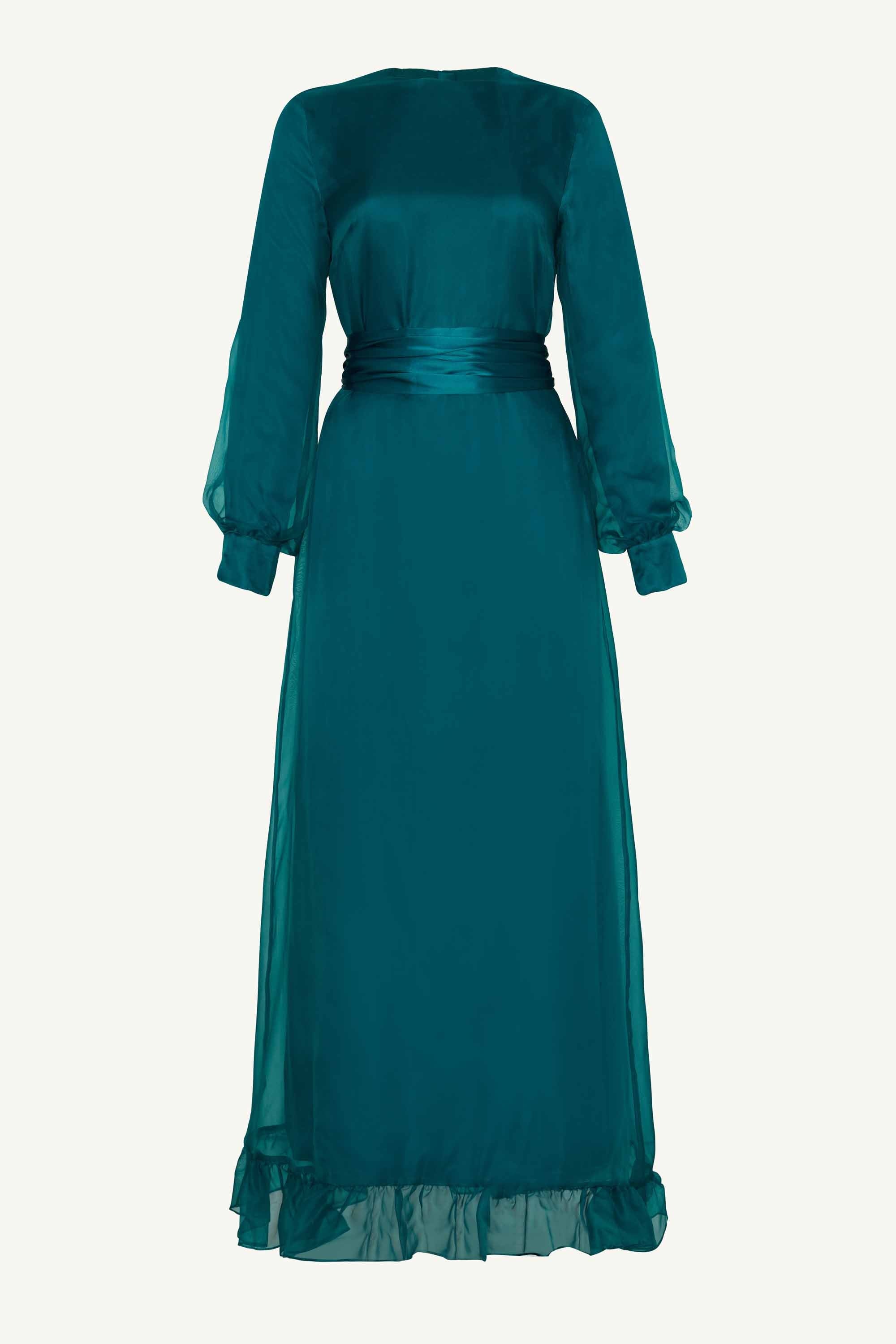 Silk Organza Ruffle Trim Maxi Dress - Deep Lagoon