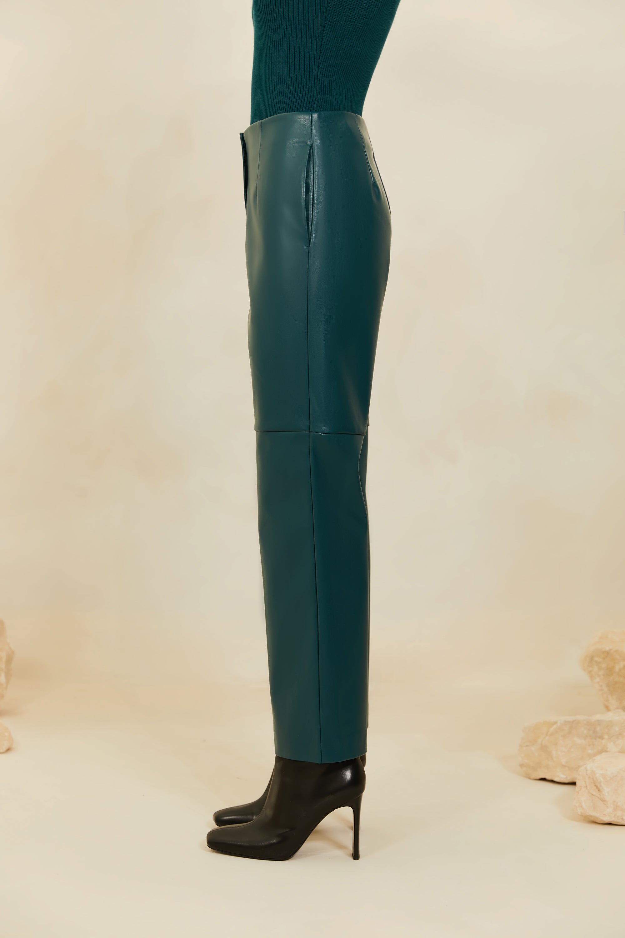 Vegan Leather Wide Leg Trousers - Deep Teal Veiled