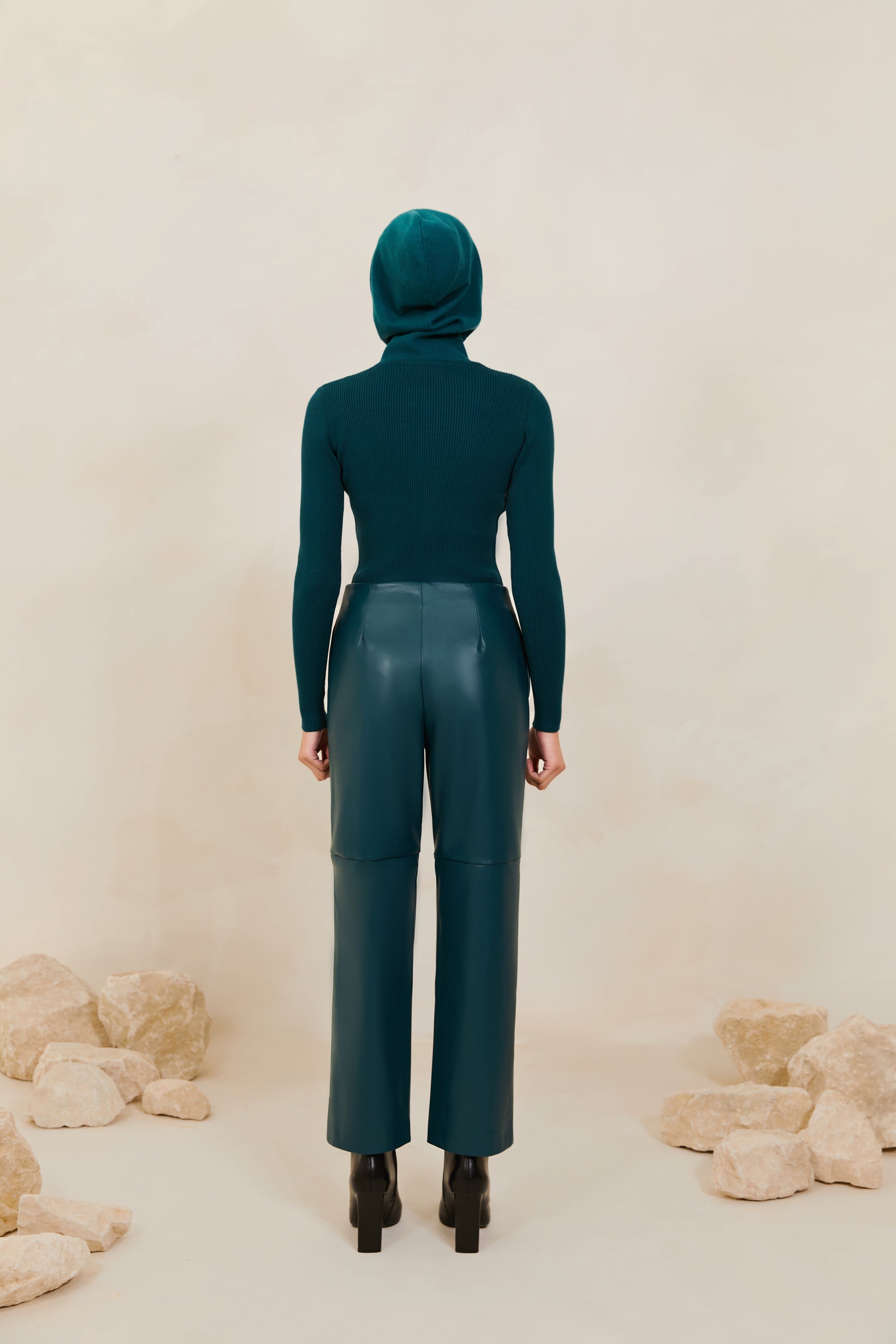Vegan Leather Wide Leg Trousers - Deep Teal Veiled