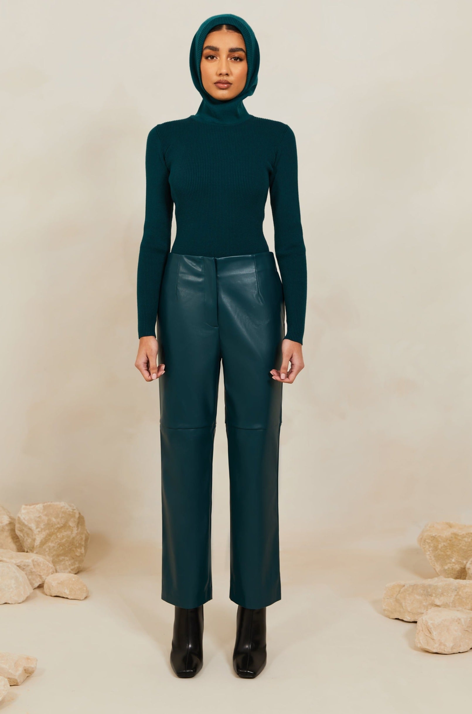Vegan Leather Wide Leg Trousers - Deep Teal Veiled