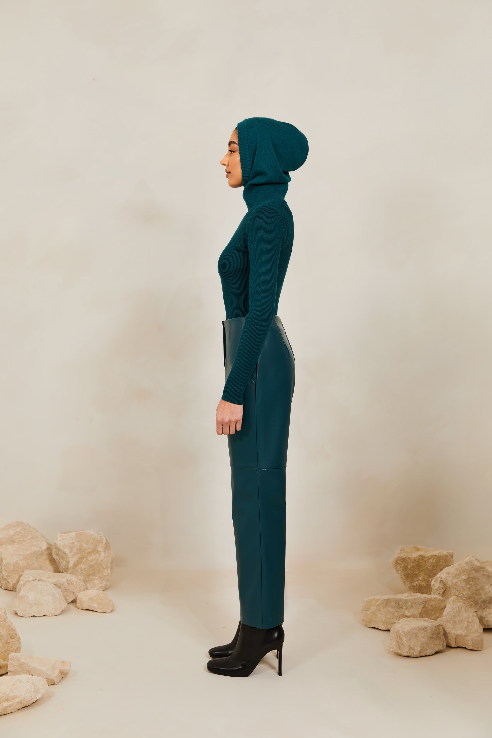 Vegan Leather Wide Leg Trousers - Deep Teal Veiled