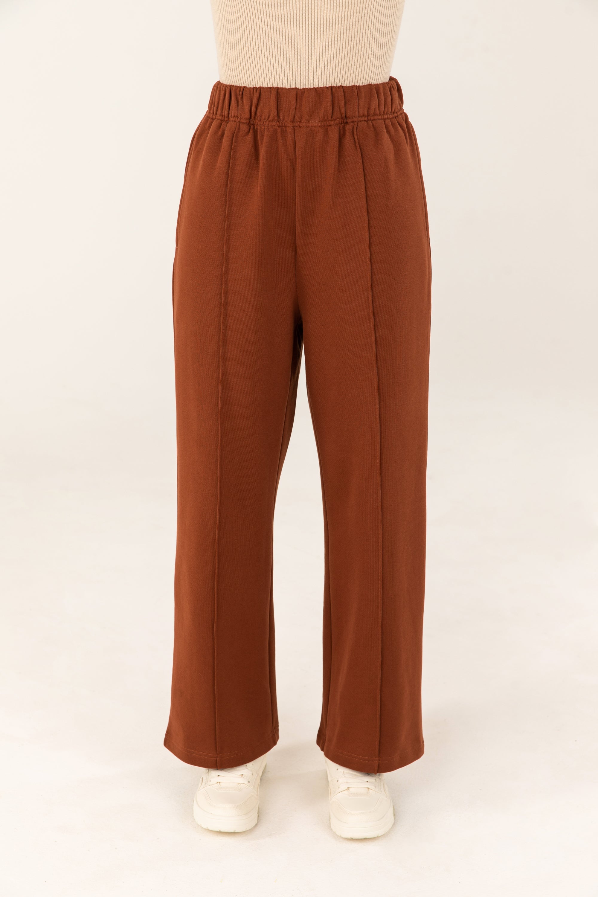 Wide Leg Seam Front Cotton Sweatpants - Brown