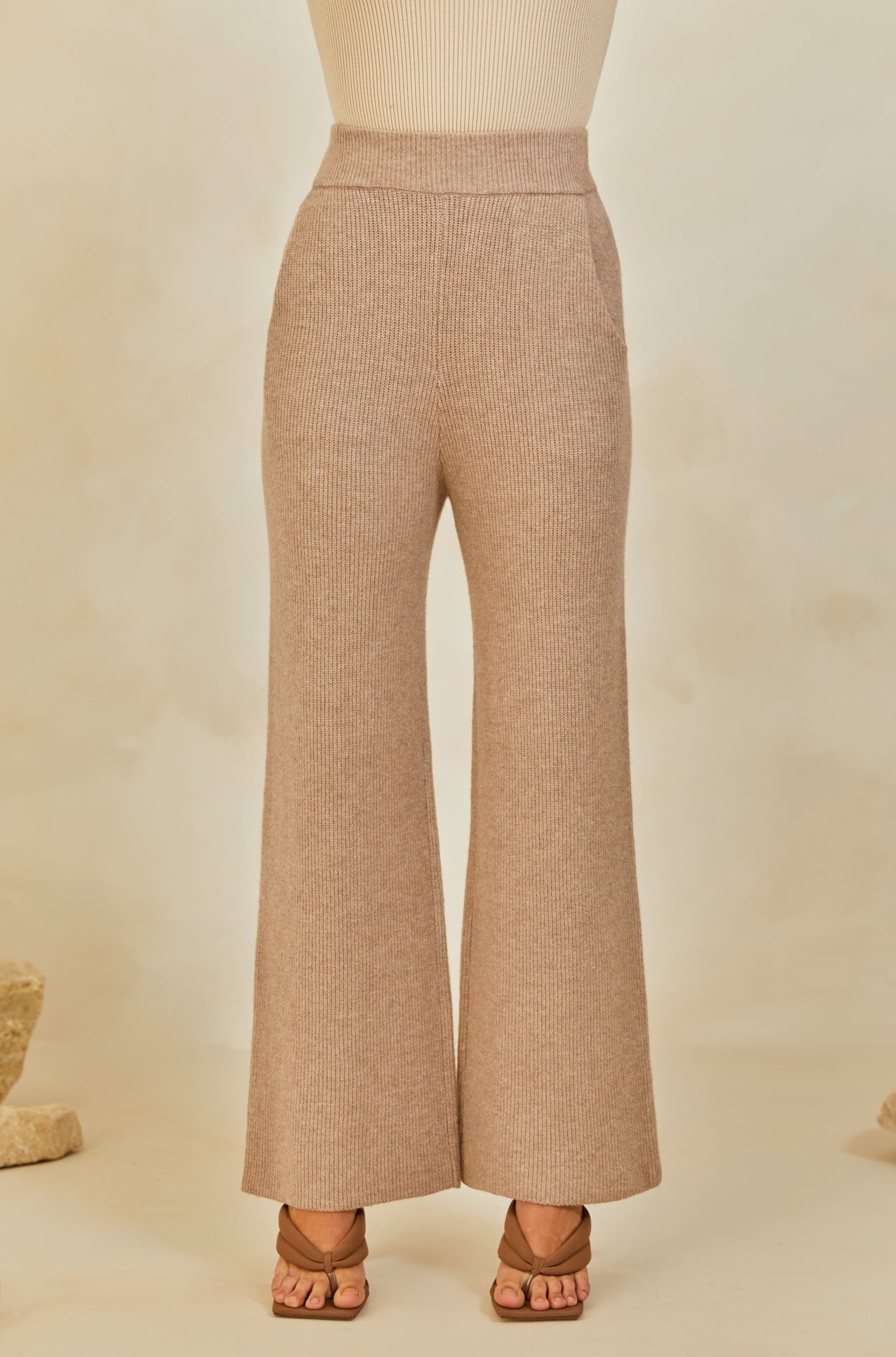 Wool Knit Wide Leg Pants - Cobblestone saigonodysseyhotel 
