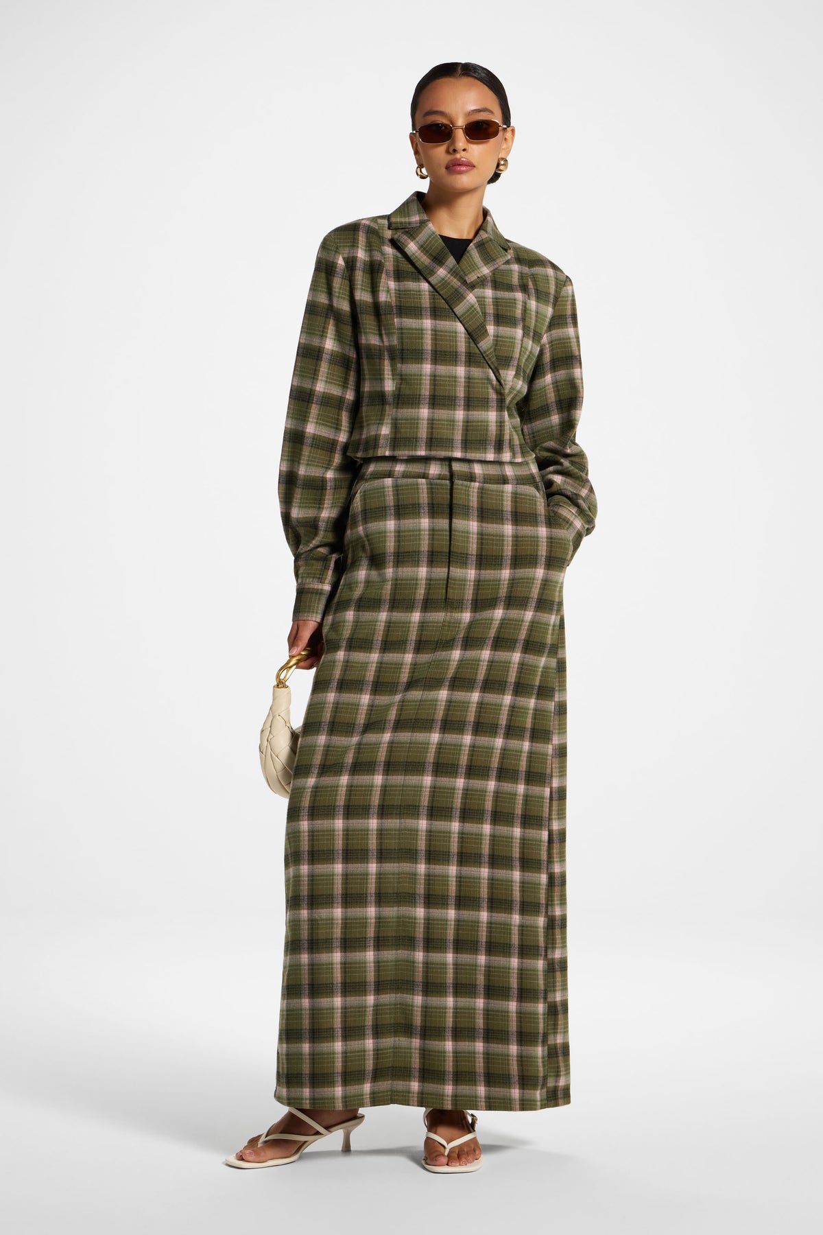 Brushed Plaid Maxi Skirt - Olive Rose