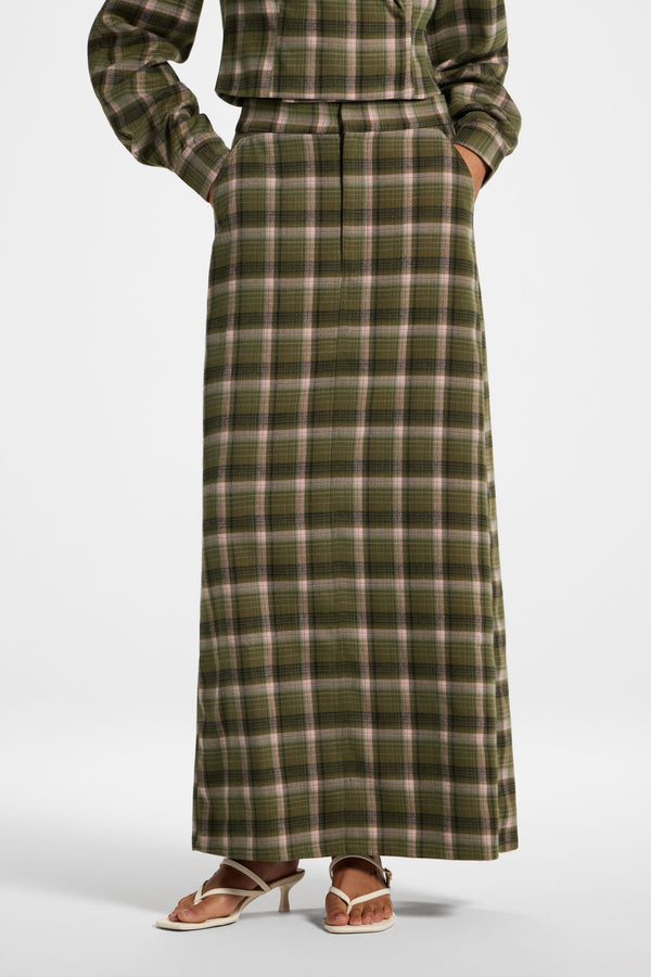 Brushed Plaid Maxi Skirt - Olive Rose