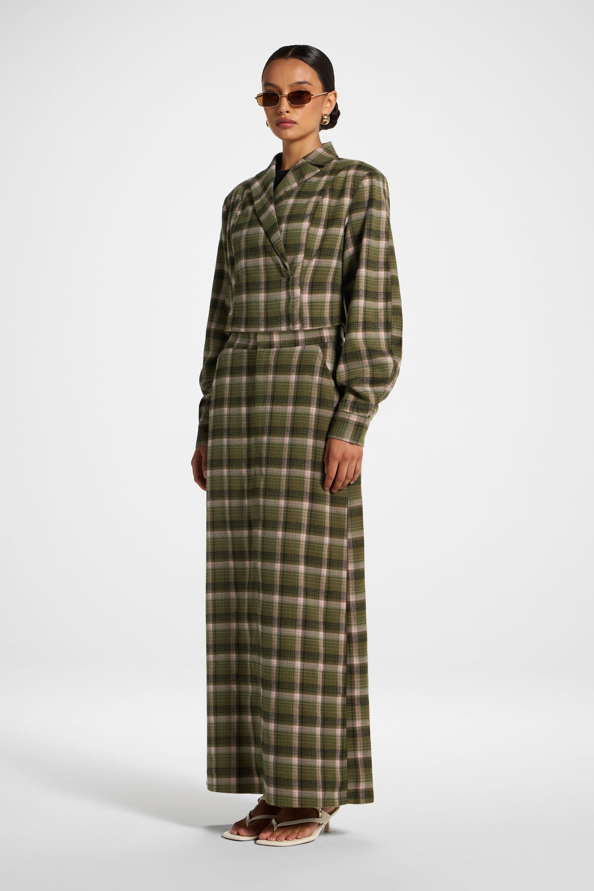 Brushed Plaid Maxi Skirt - Olive Rose