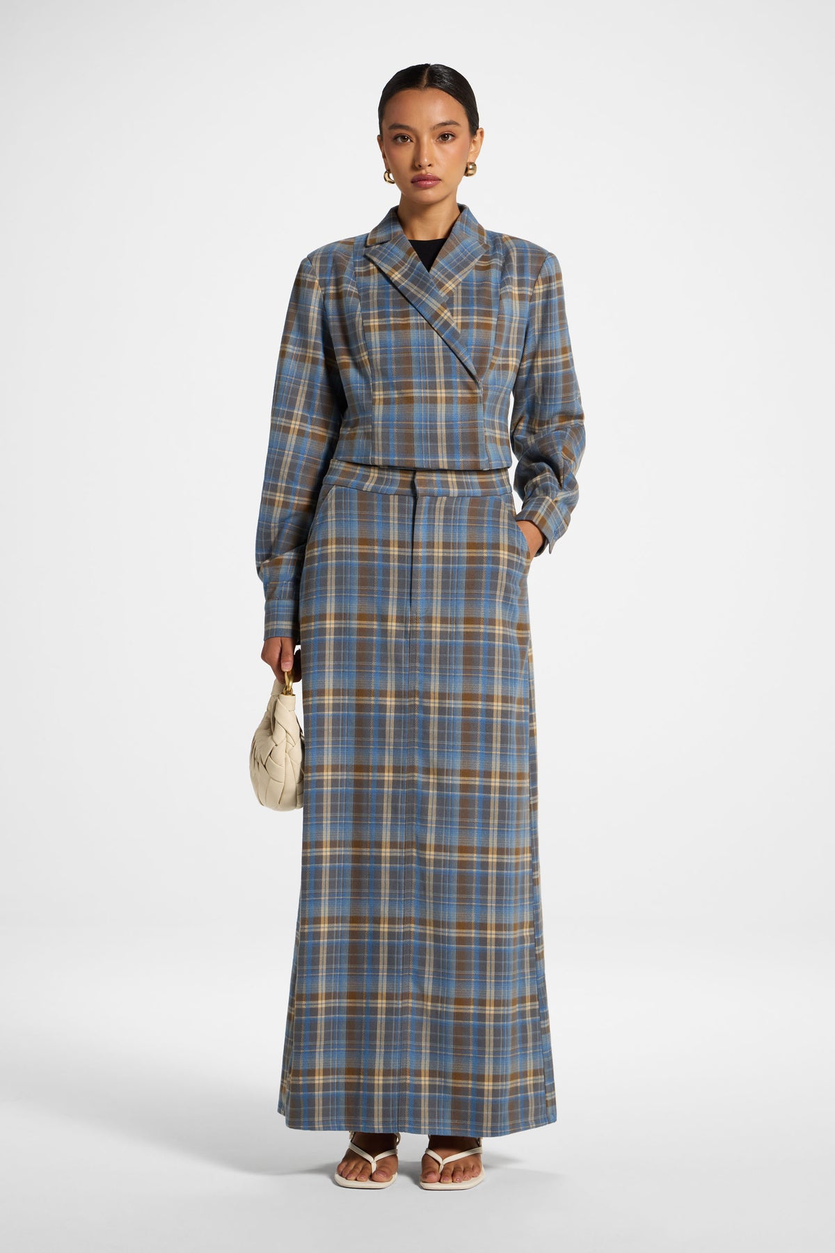 Brushed Plaid Maxi Skirt - Sky