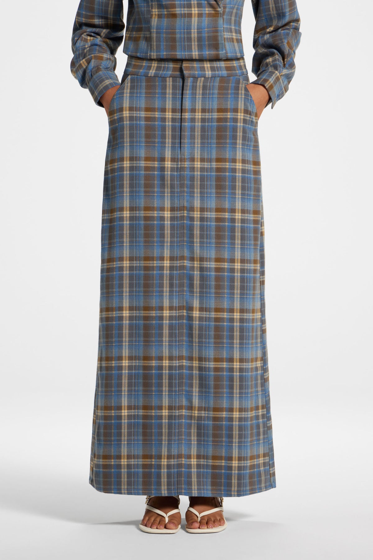 Brushed Plaid Maxi Skirt - Sky
