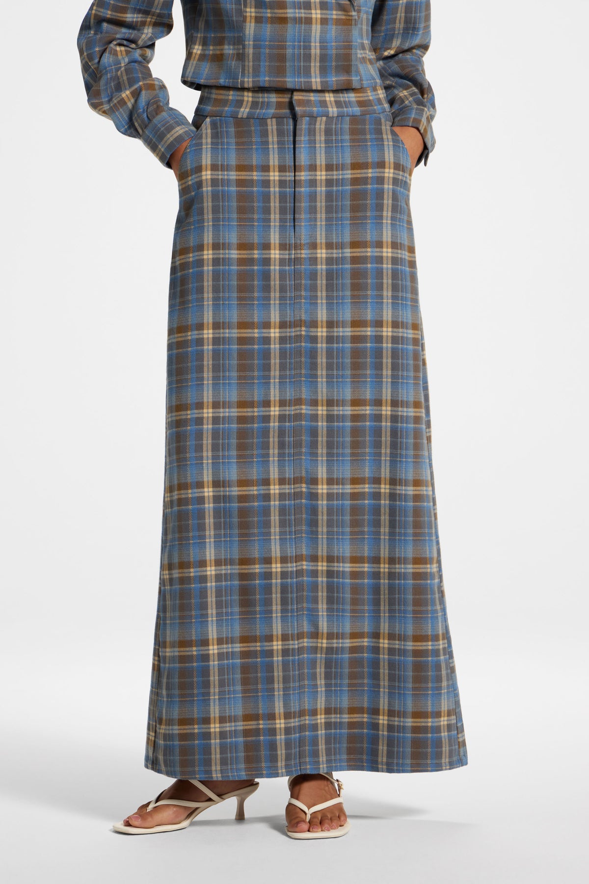 Brushed Plaid Maxi Skirt - Sky