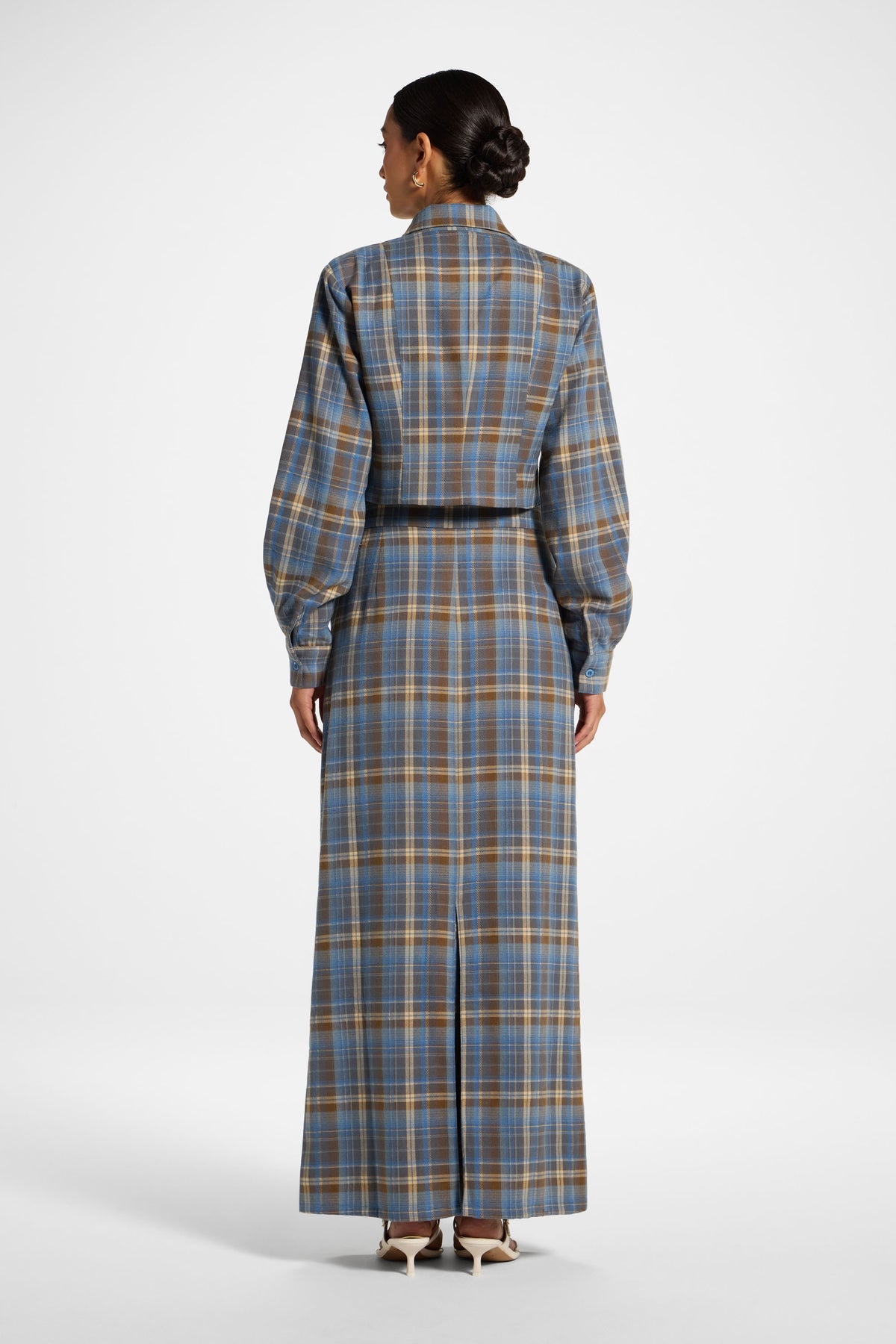 Brushed Plaid Maxi Skirt - Sky