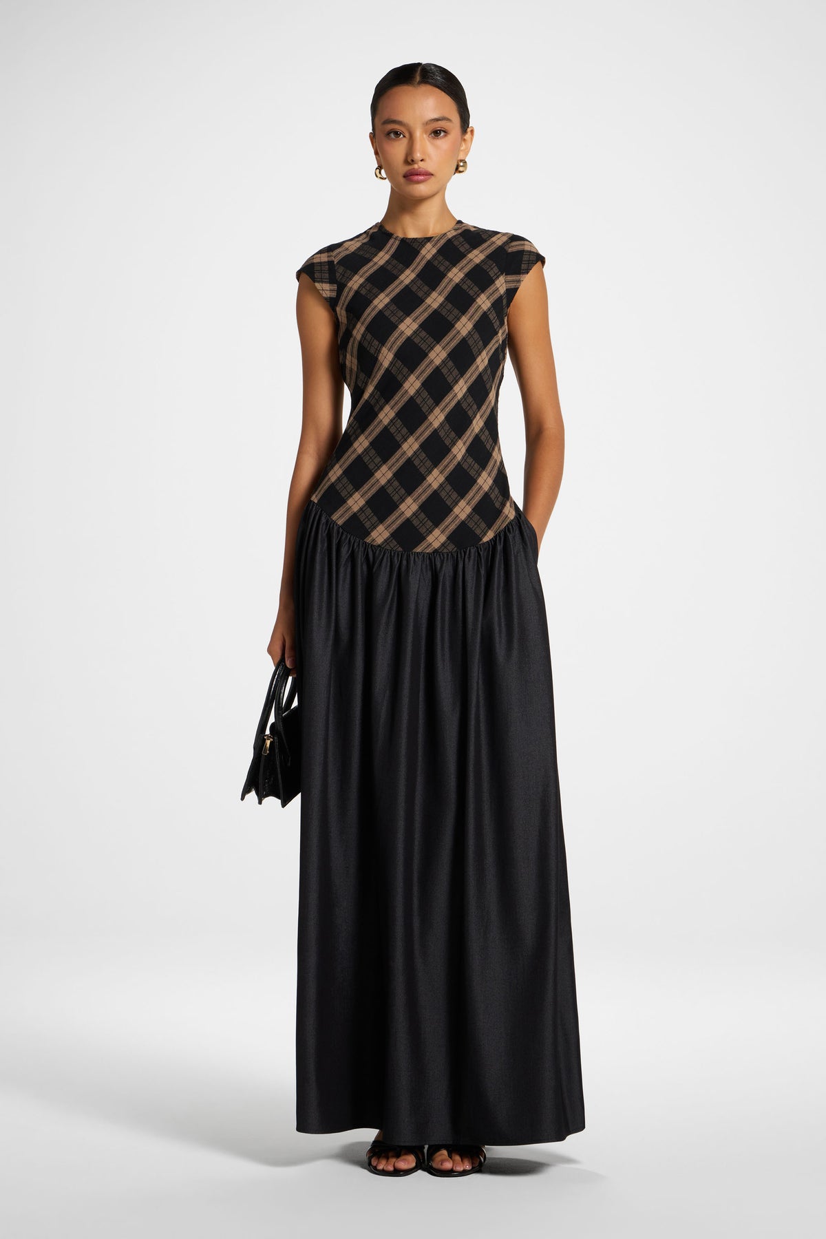 Plaid Bias Lace Up Dress - Black Denim