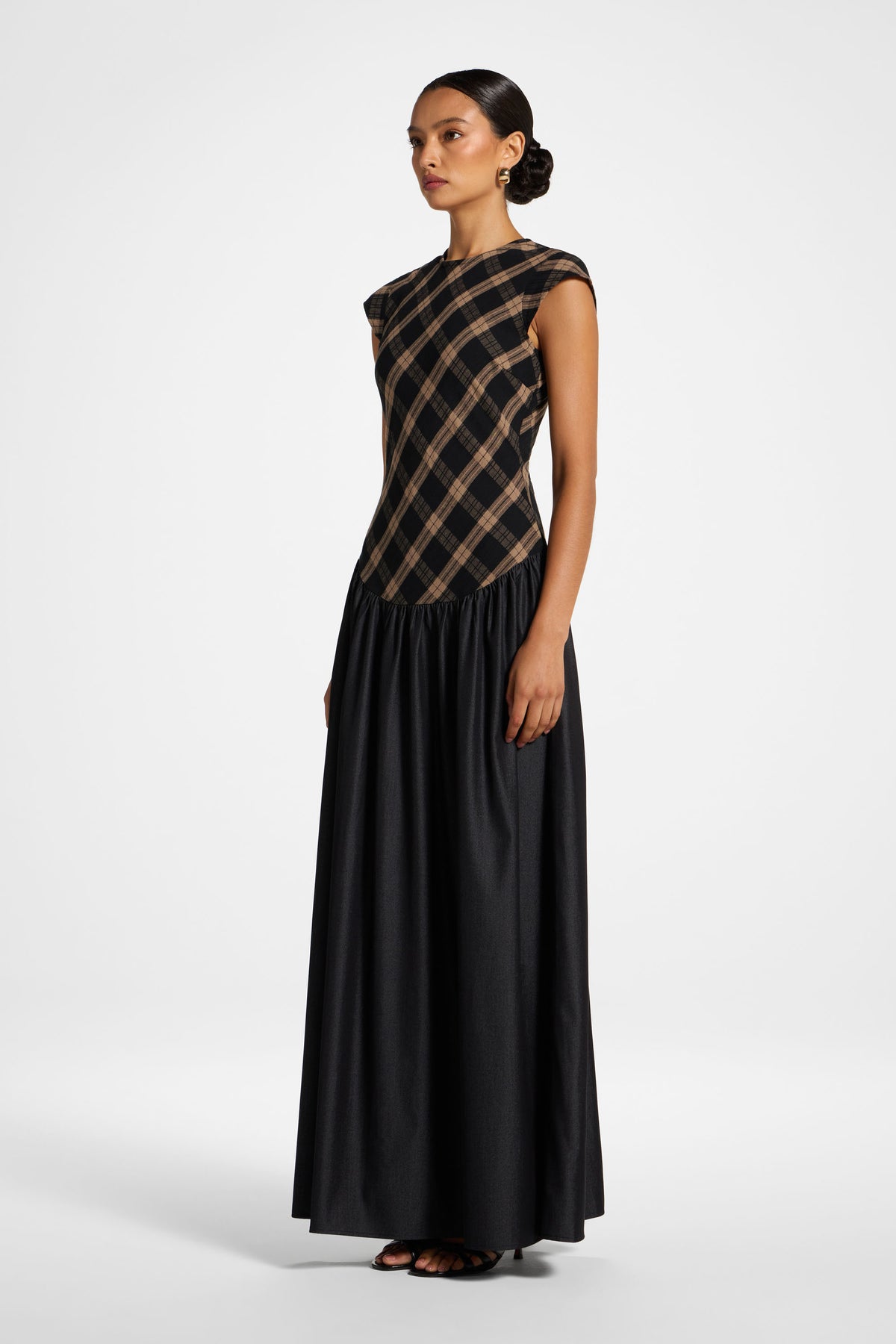 Plaid Bias Lace Up Dress - Black Denim