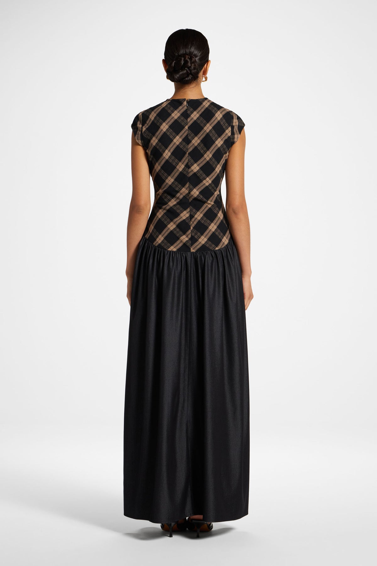 Plaid Bias Lace Up Dress - Black Denim
