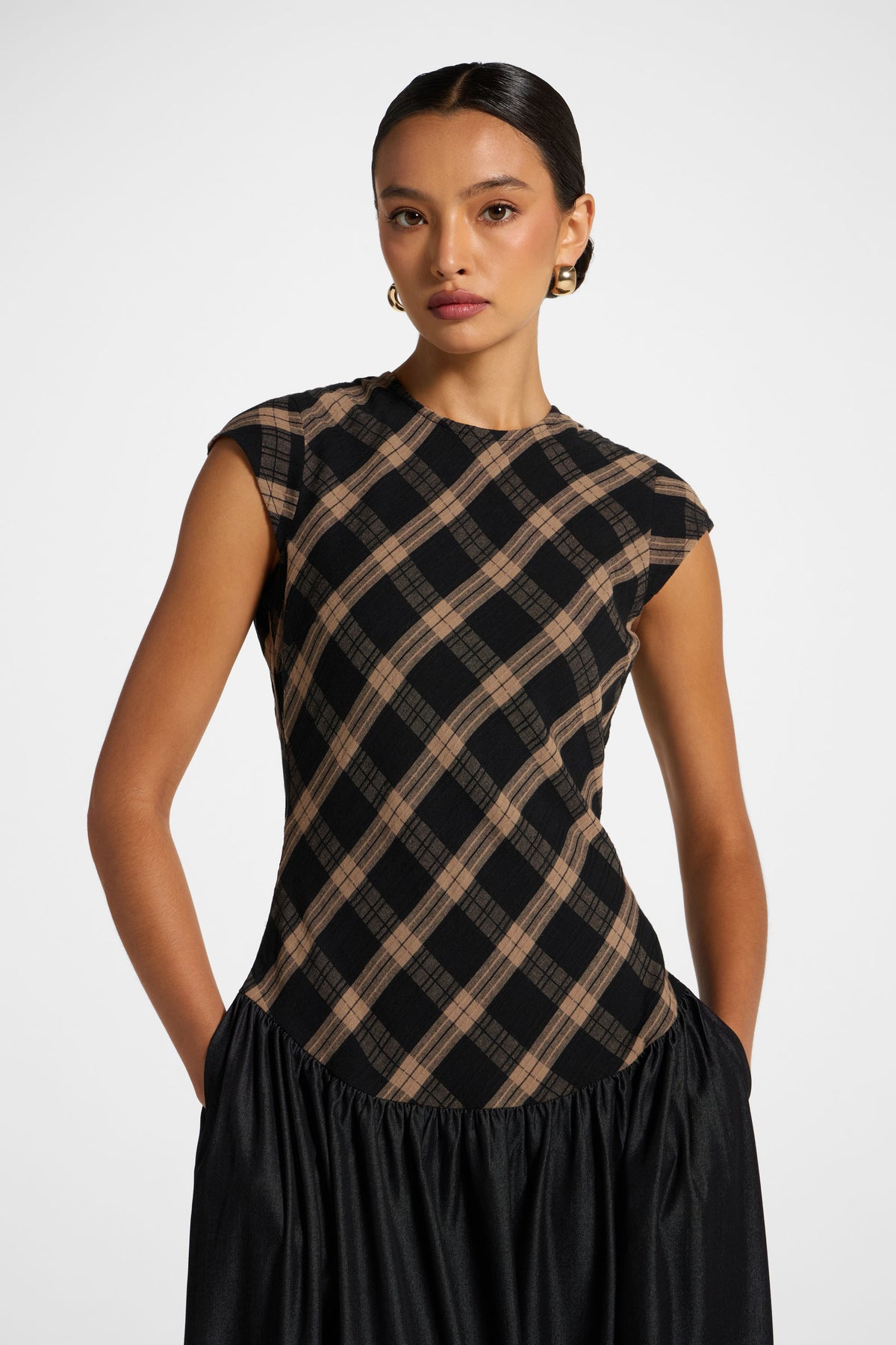 Plaid Bias Lace Up Dress - Black Denim