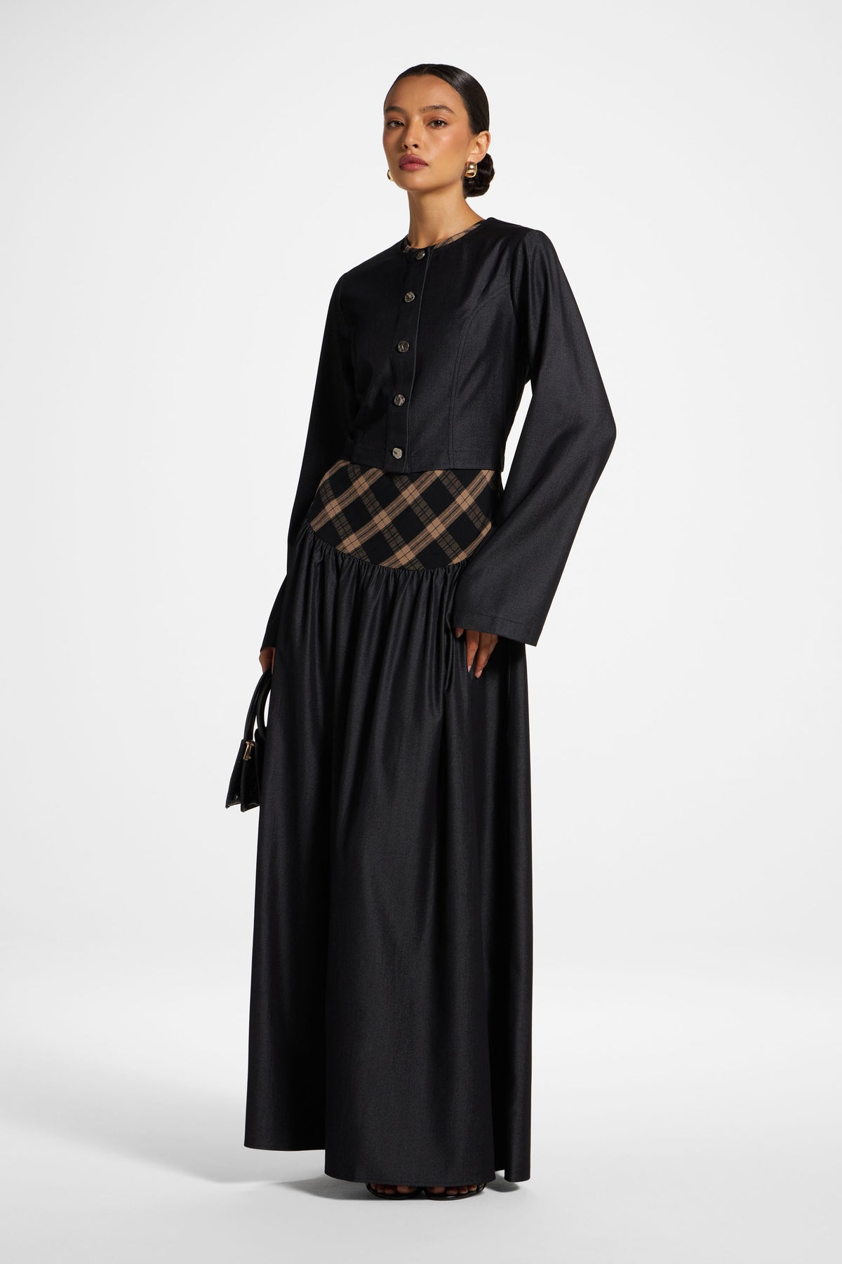 Plaid Bias Lace Up Dress - Black Denim