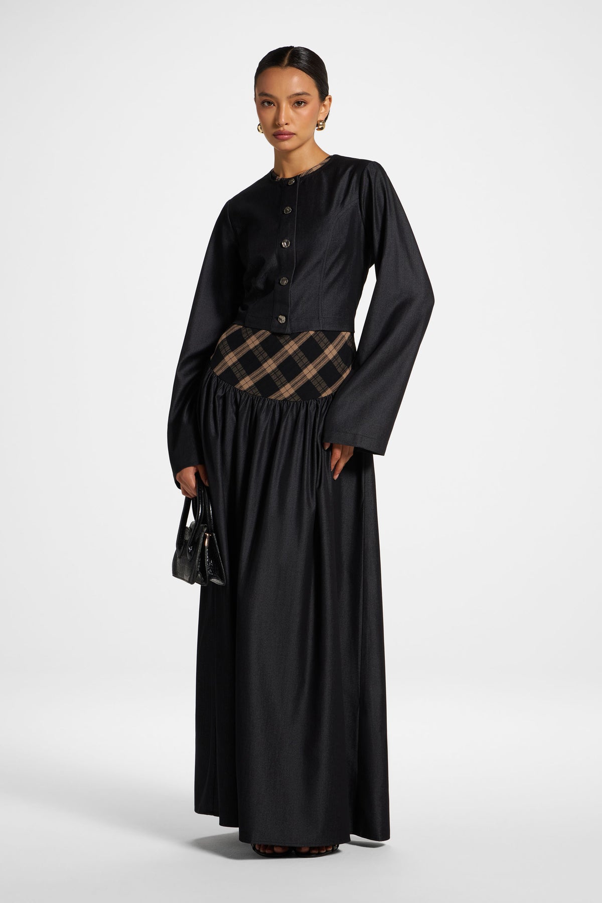 Plaid Bias Lace Up Dress - Black Denim