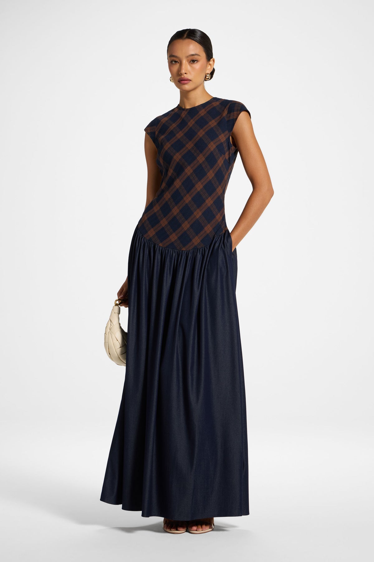 Plaid Bias Lace Up Dress - Blue Brown