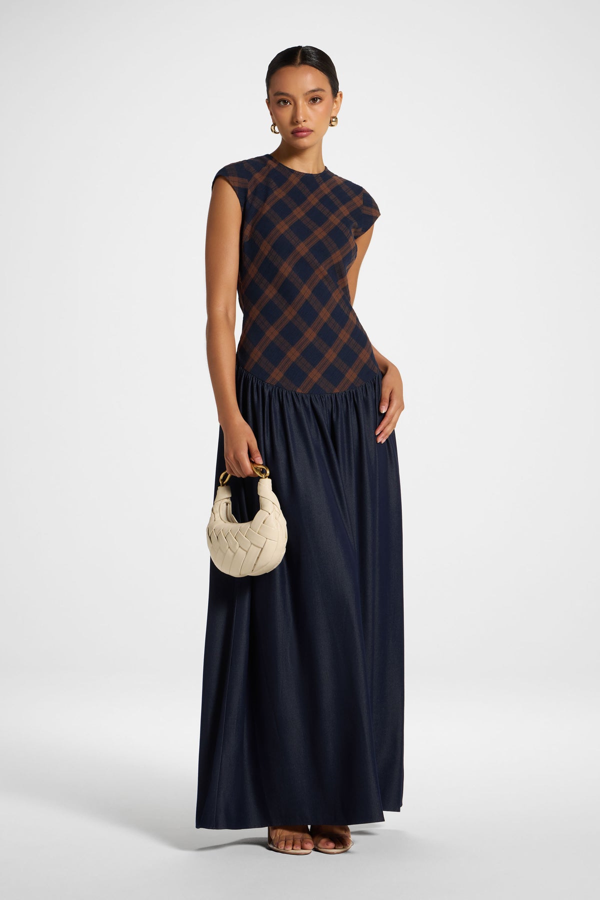 Plaid Bias Lace Up Dress - Blue Brown