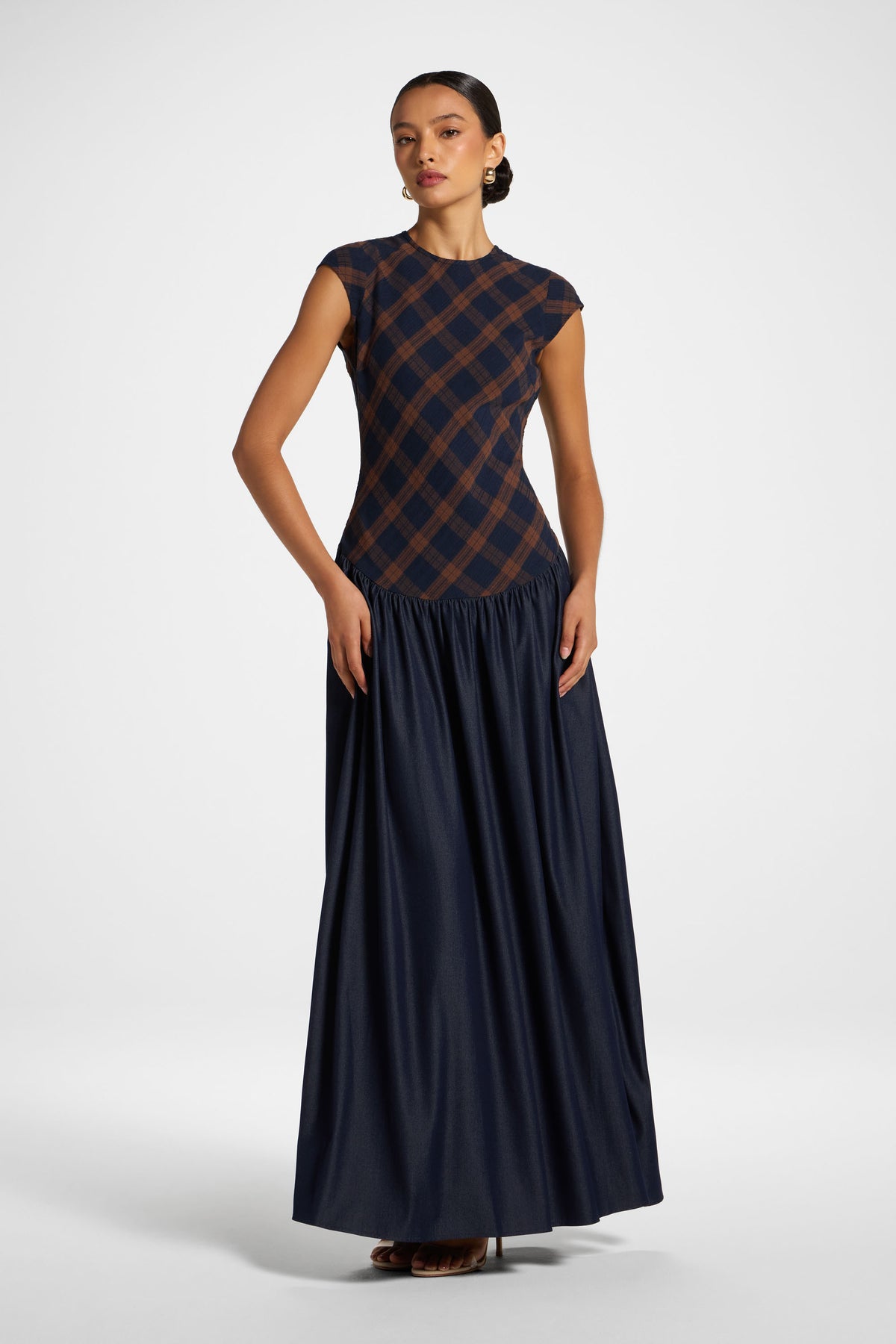 Plaid Bias Lace Up Dress - Blue Brown