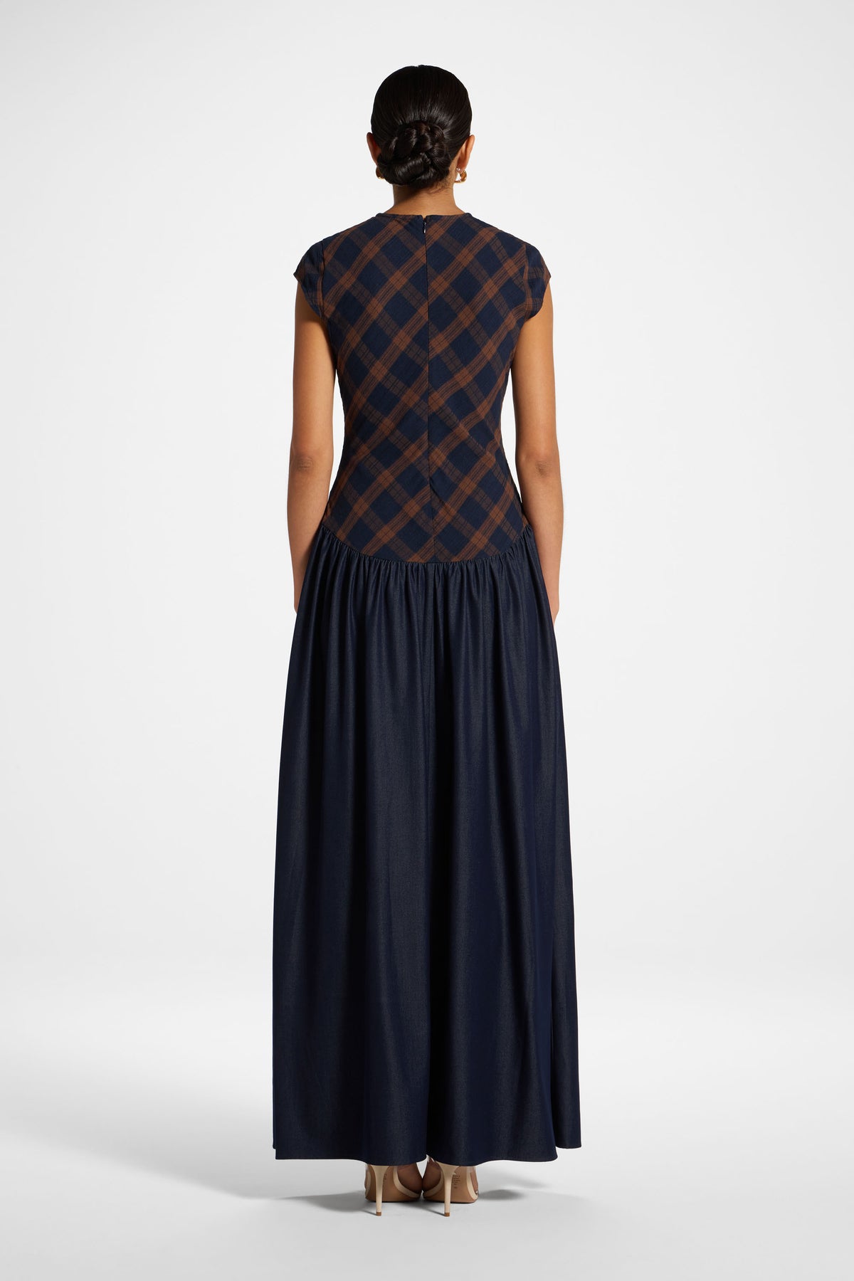 Plaid Bias Lace Up Dress - Blue Brown