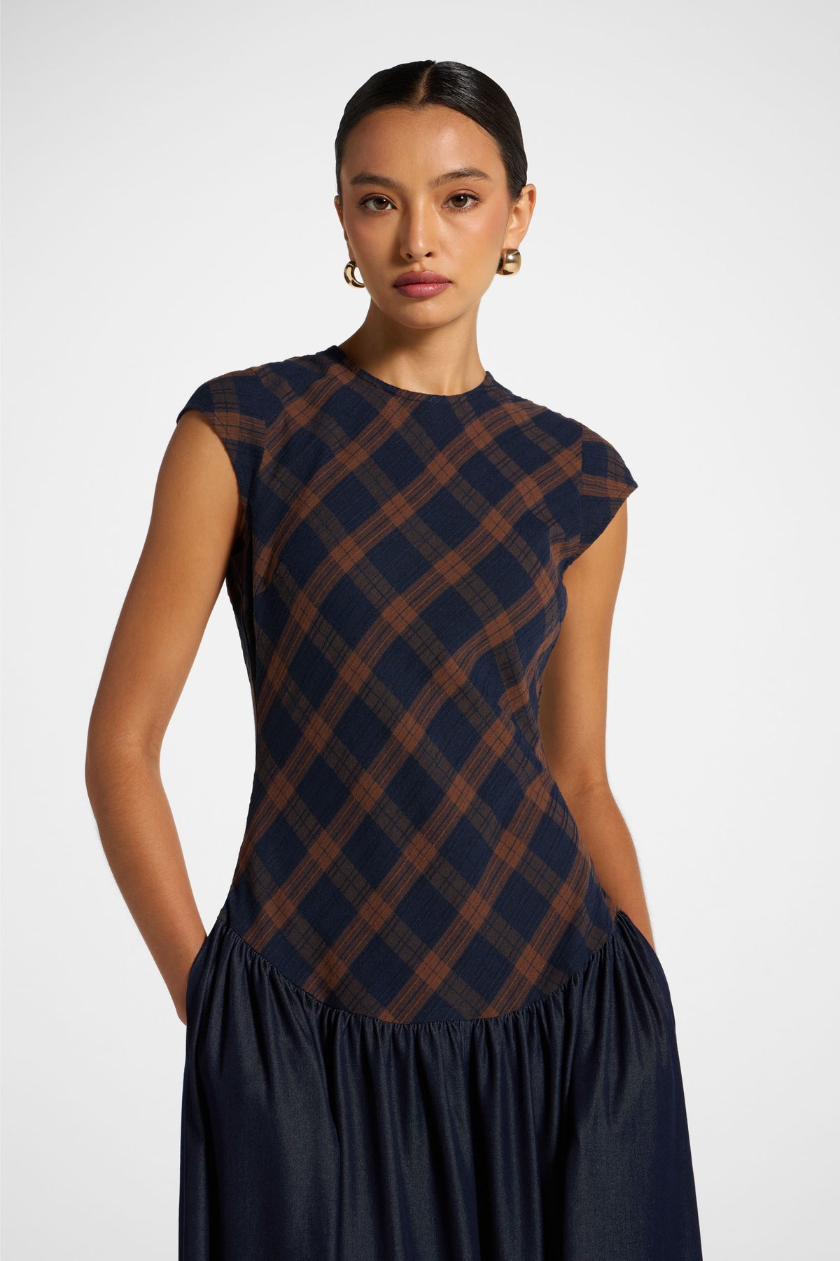 Plaid Bias Lace Up Dress - Blue Brown