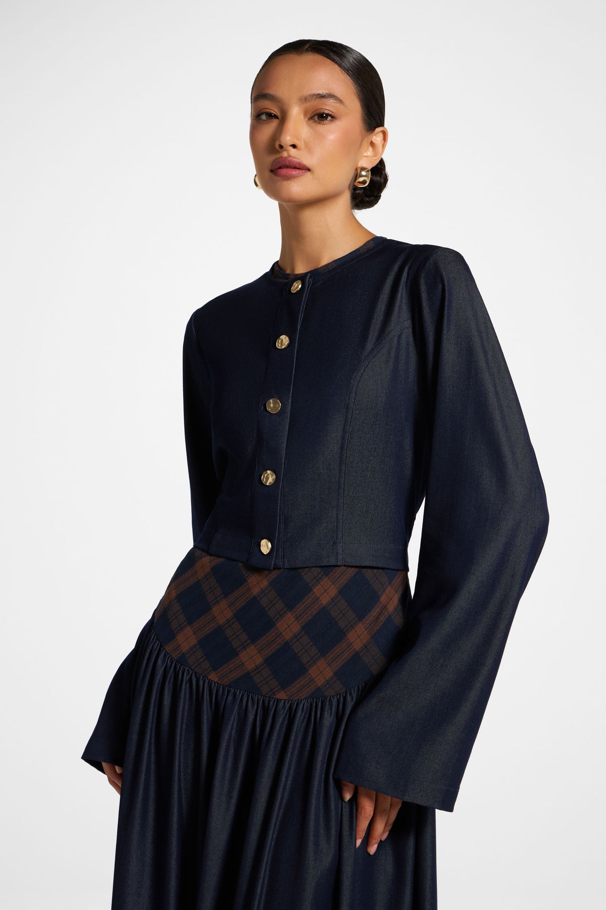 Plaid Bias Lace Up Dress - Blue Brown