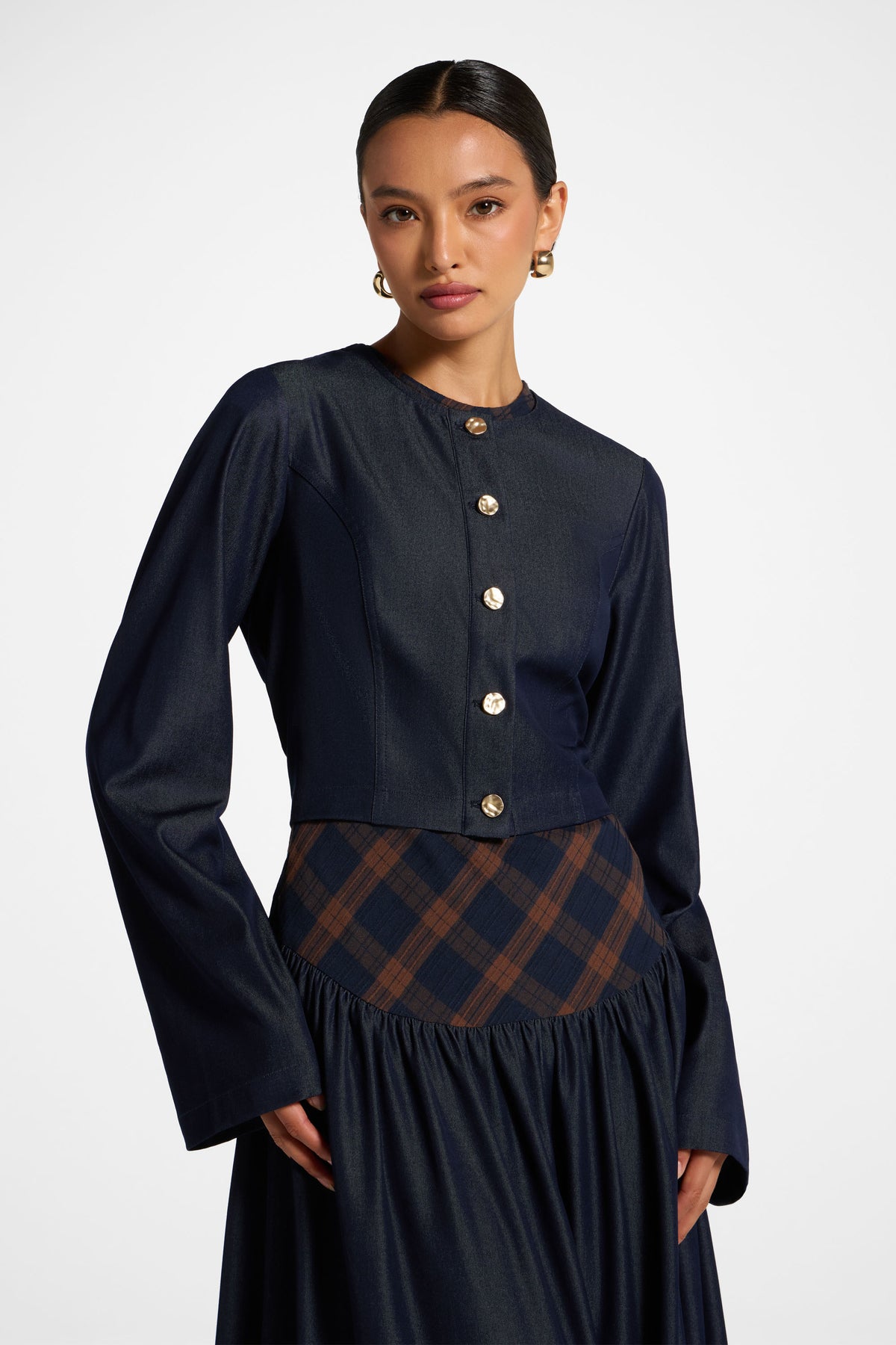 Plaid Bias Lace Up Dress - Blue Brown