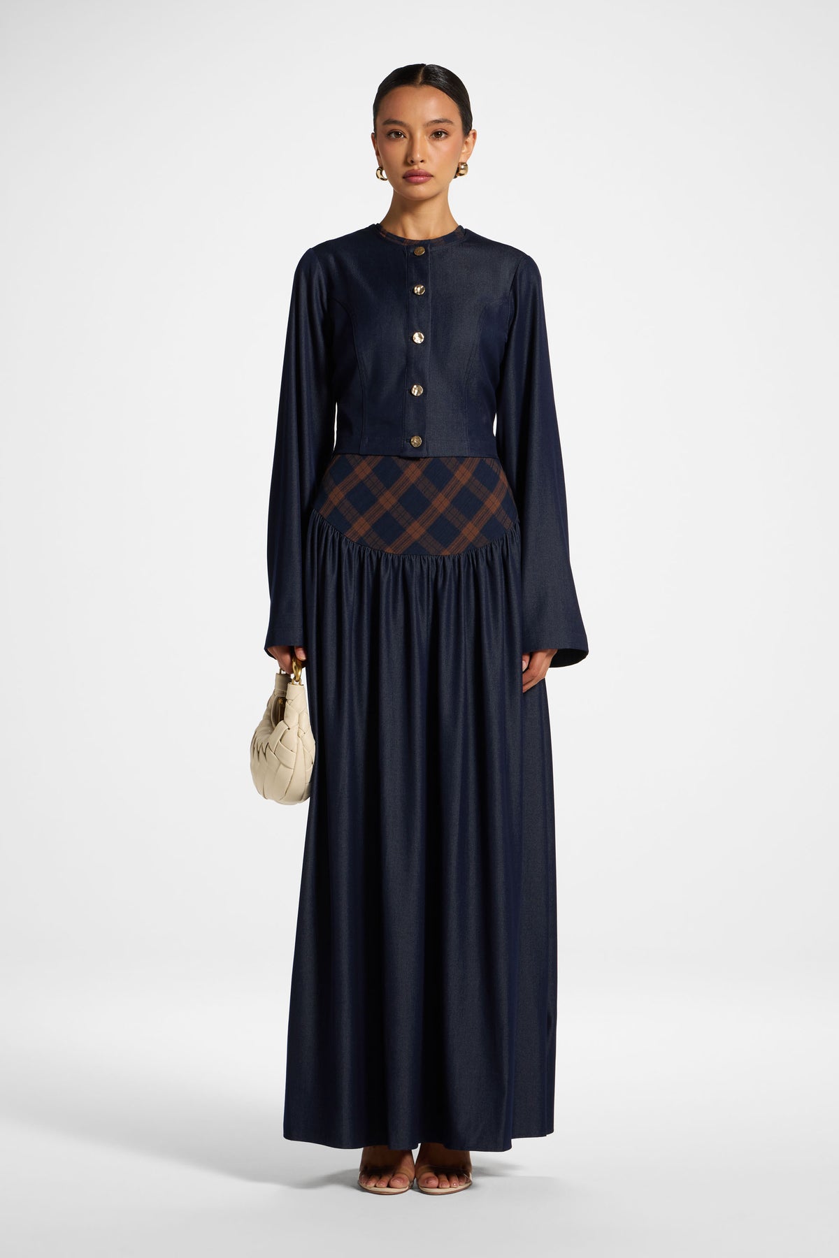 Plaid Bias Lace Up Dress - Blue Brown