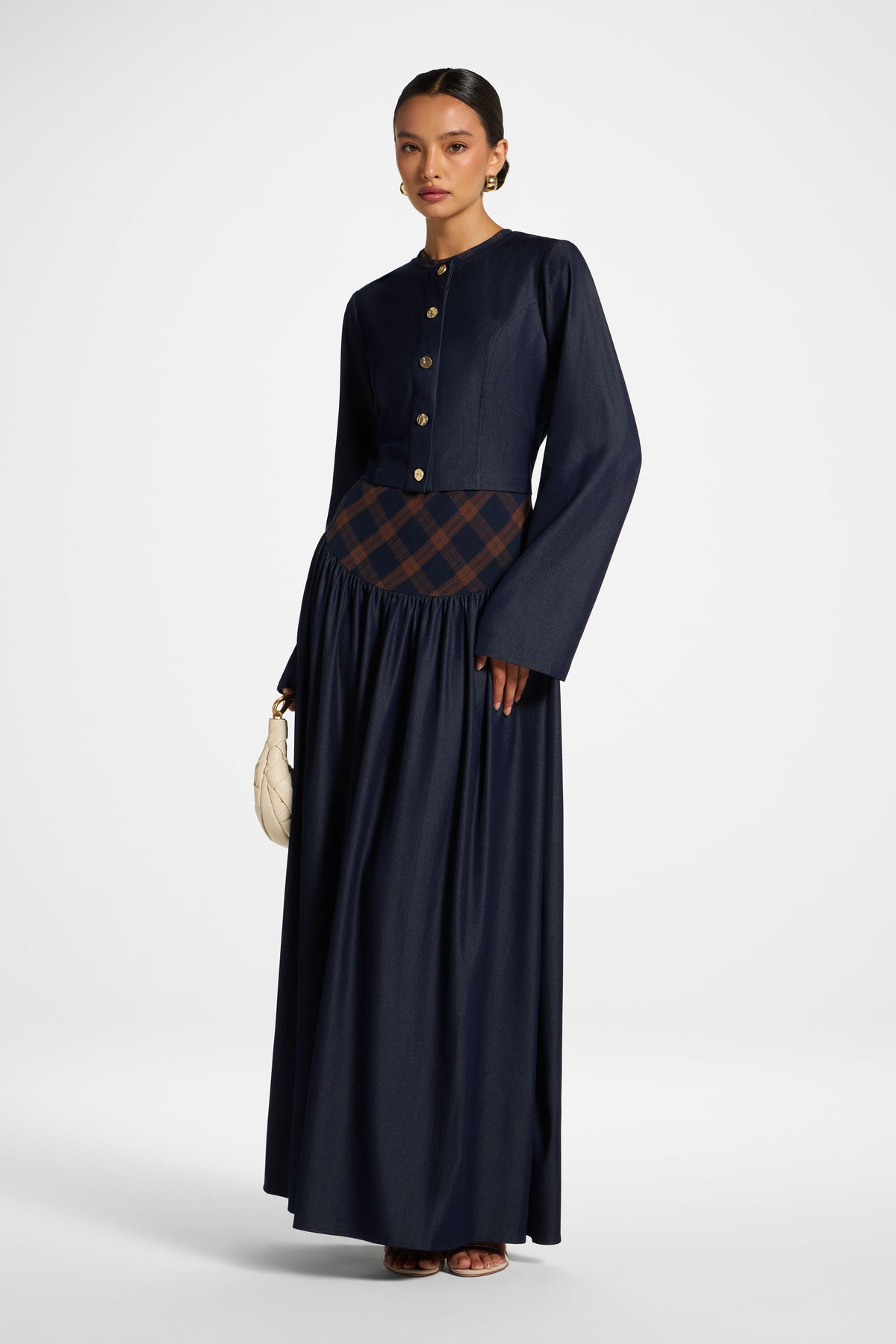 Plaid Bias Lace Up Dress - Blue Brown