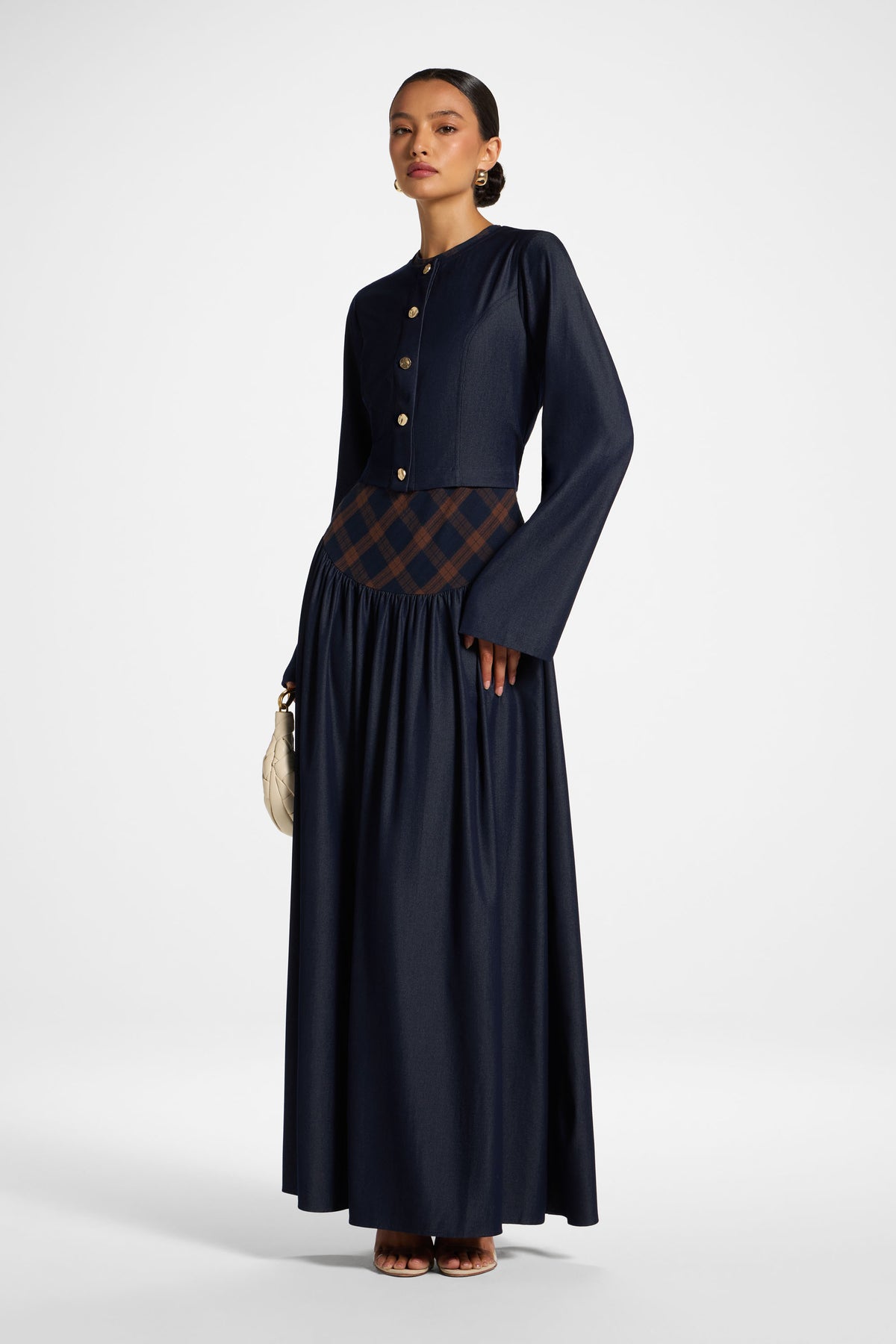Plaid Bias Lace Up Dress - Blue Brown