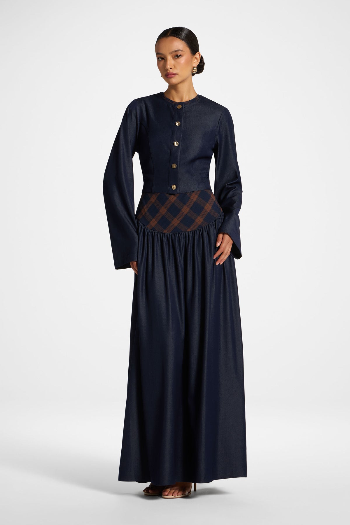 Plaid Bias Lace Up Dress - Blue Brown