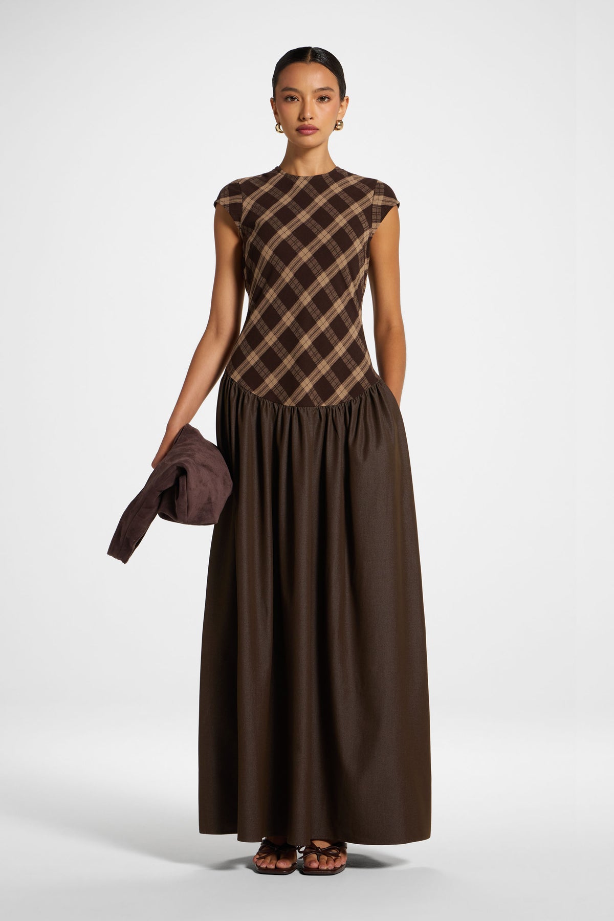 Plaid Bias Lace Up Dress - Brown