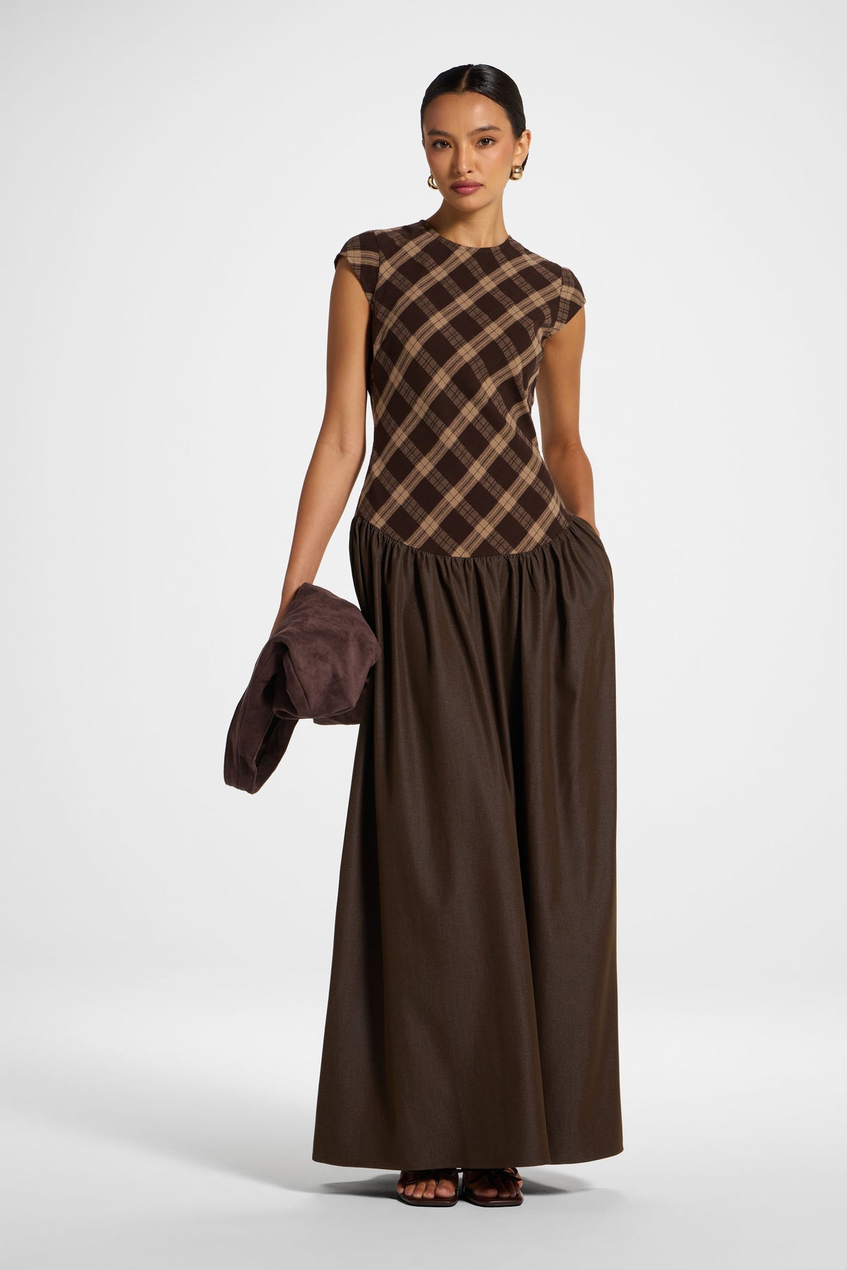 Plaid Bias Lace Up Dress - Brown