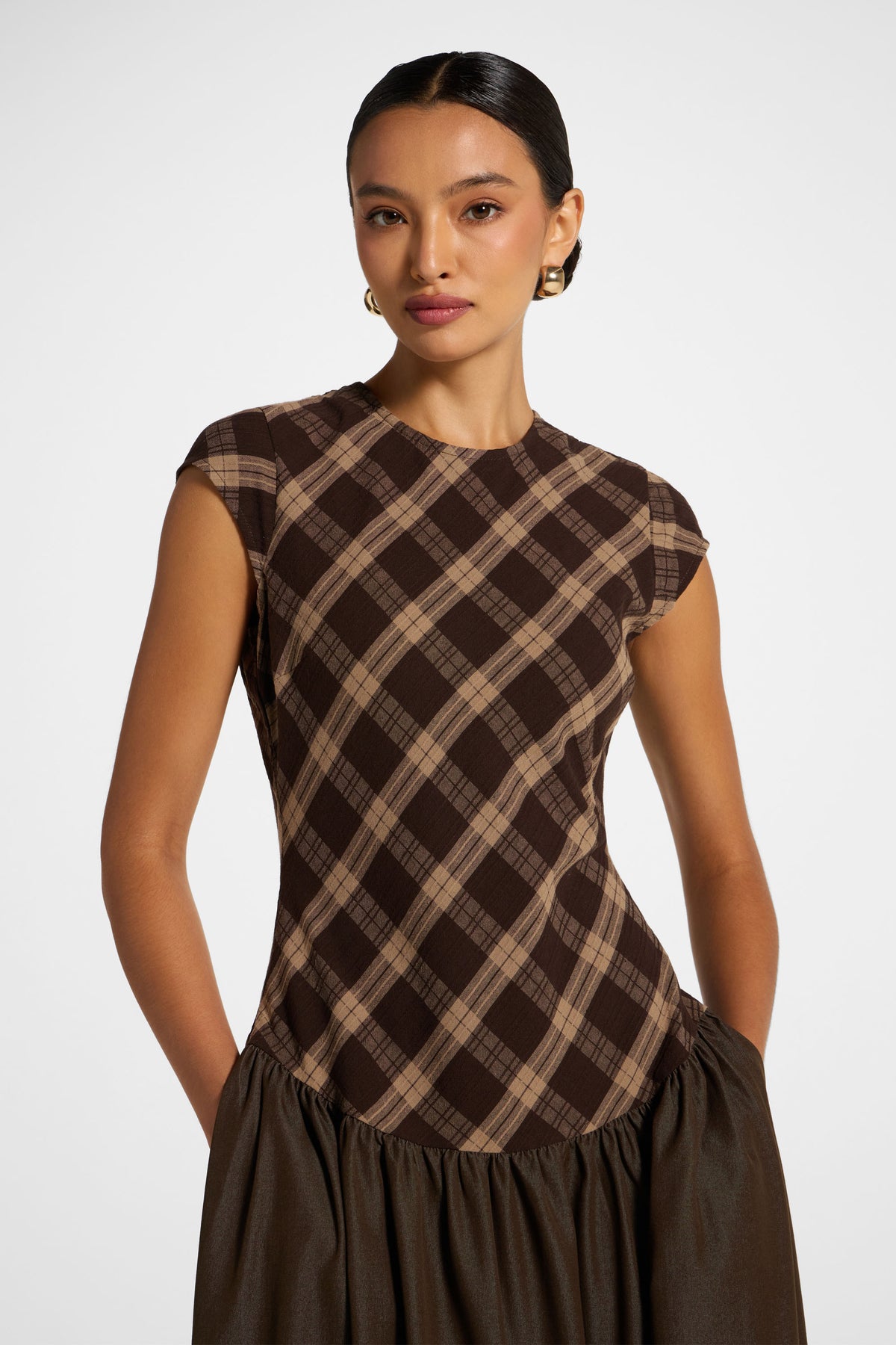 Plaid Bias Lace Up Dress - Brown