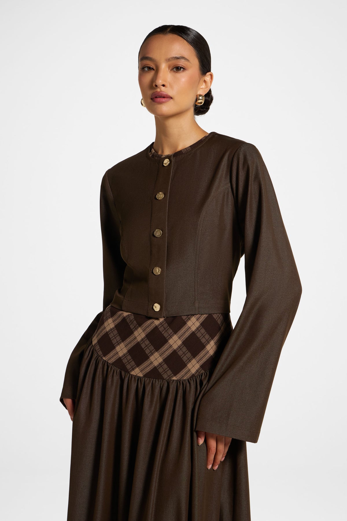 Plaid Bias Lace Up Dress - Brown