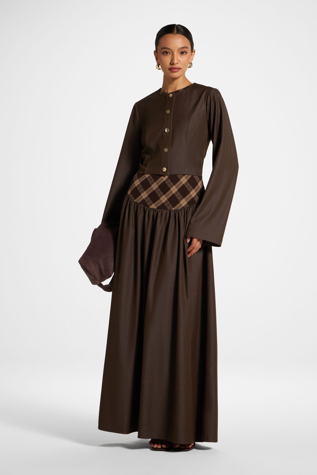 Plaid Bias Lace Up Dress - Brown