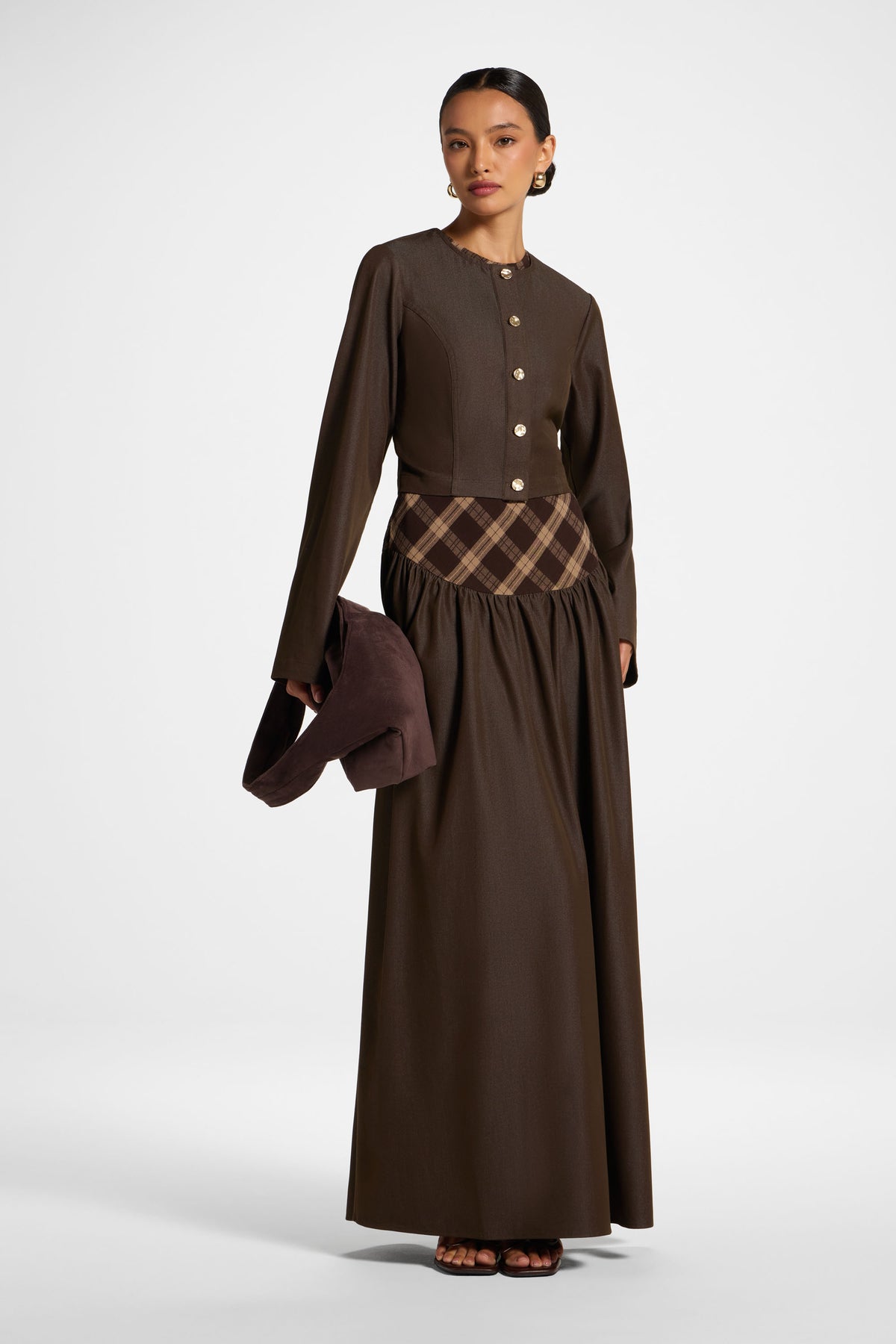 Plaid Bias Lace Up Dress - Brown