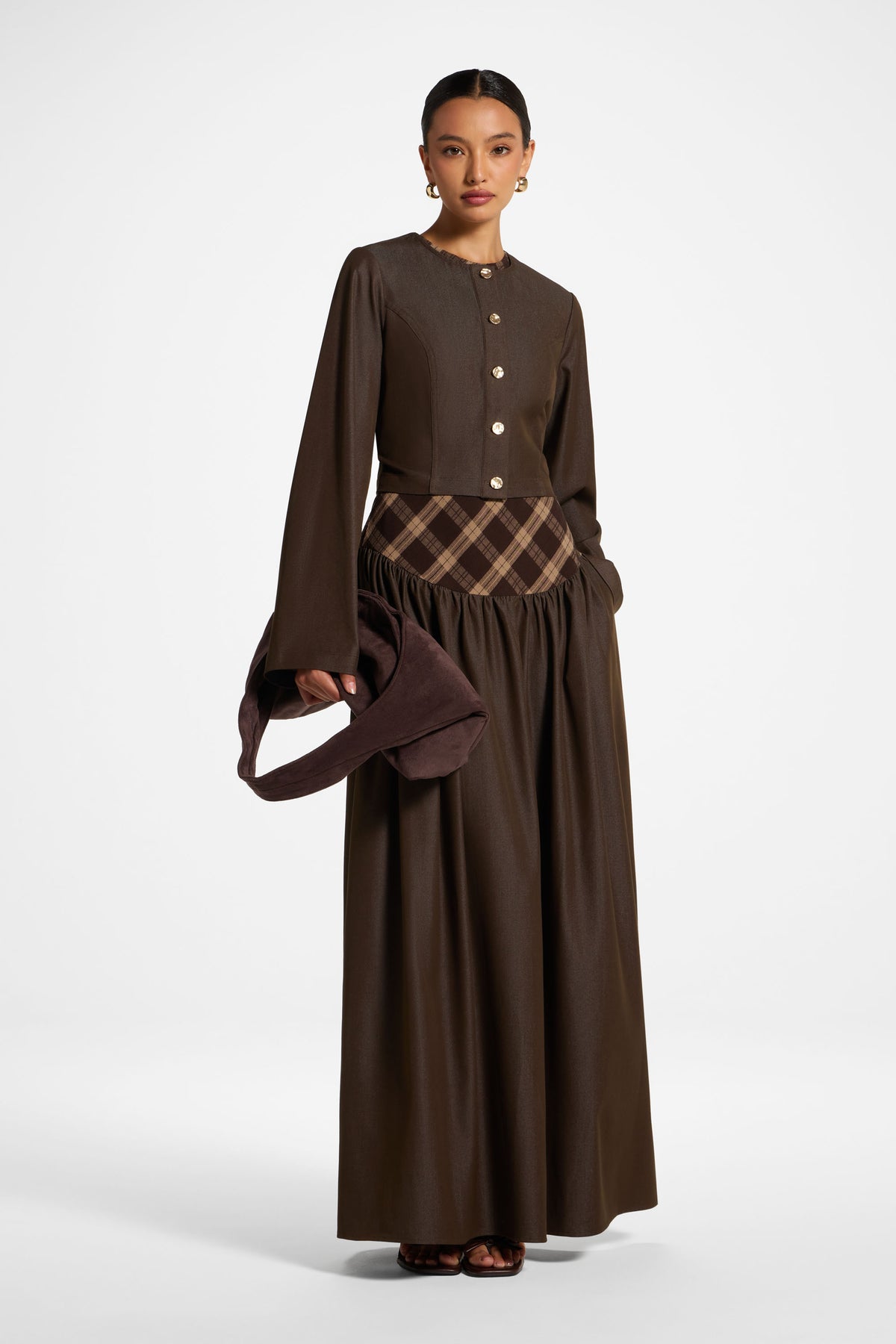 Plaid Bias Lace Up Dress - Brown