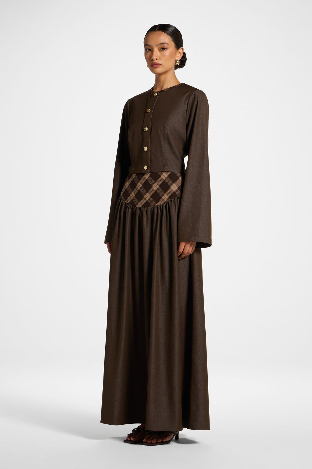 Plaid Bias Lace Up Dress - Brown