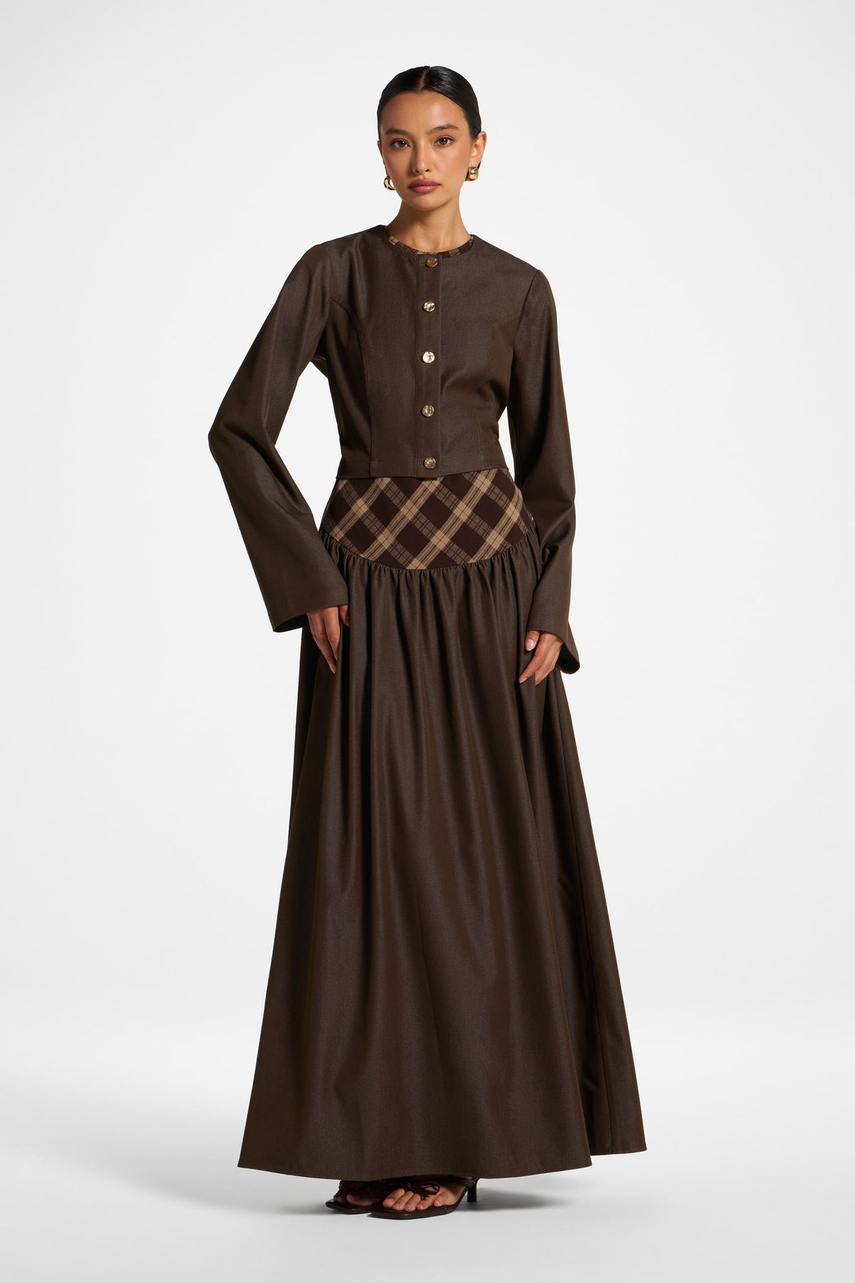 Plaid Bias Lace Up Dress - Brown