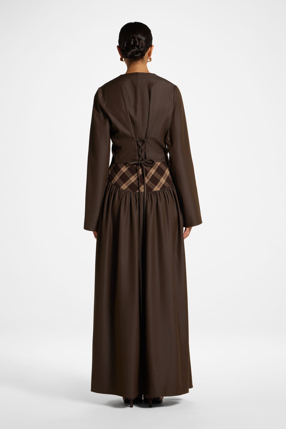 Plaid Bias Lace Up Dress - Brown