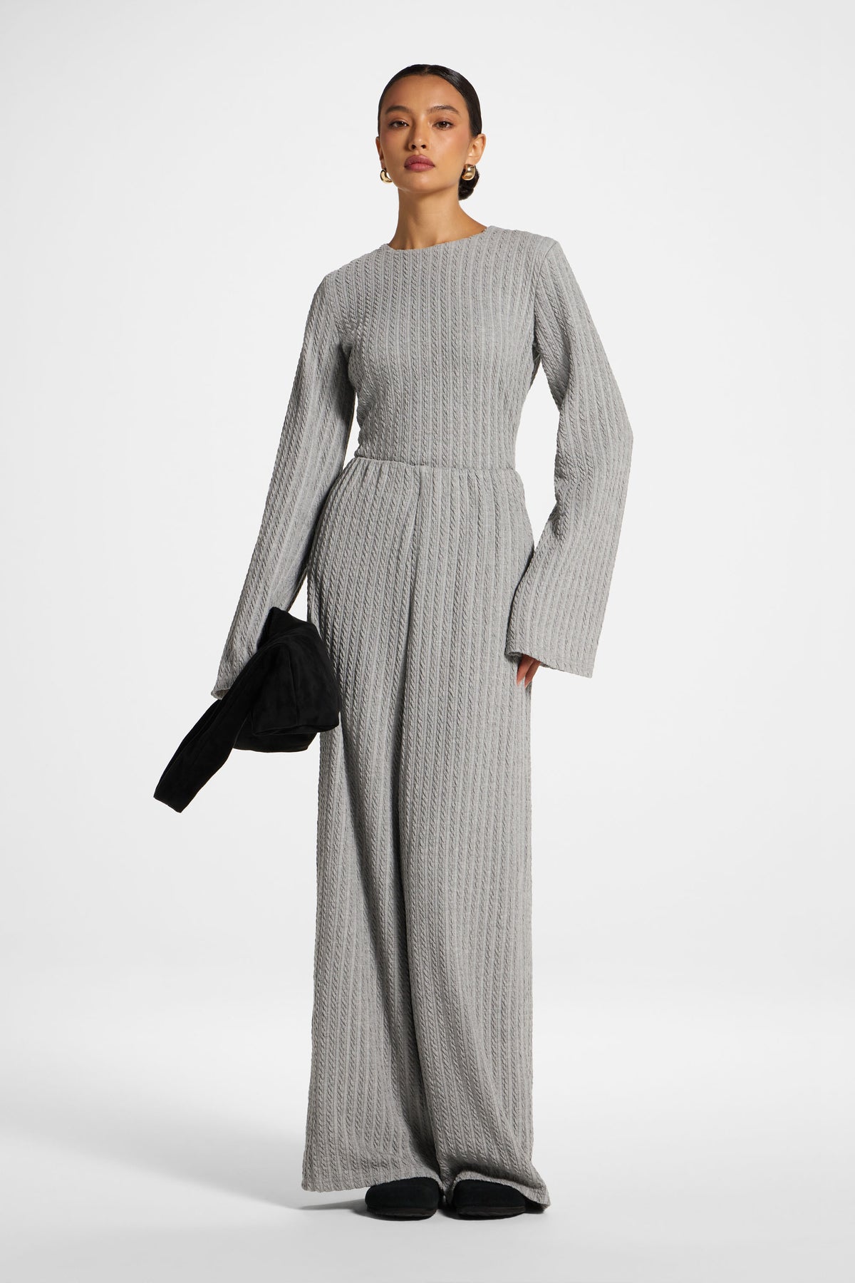 Cotton Blend Wide Leg Pants - Charcoal