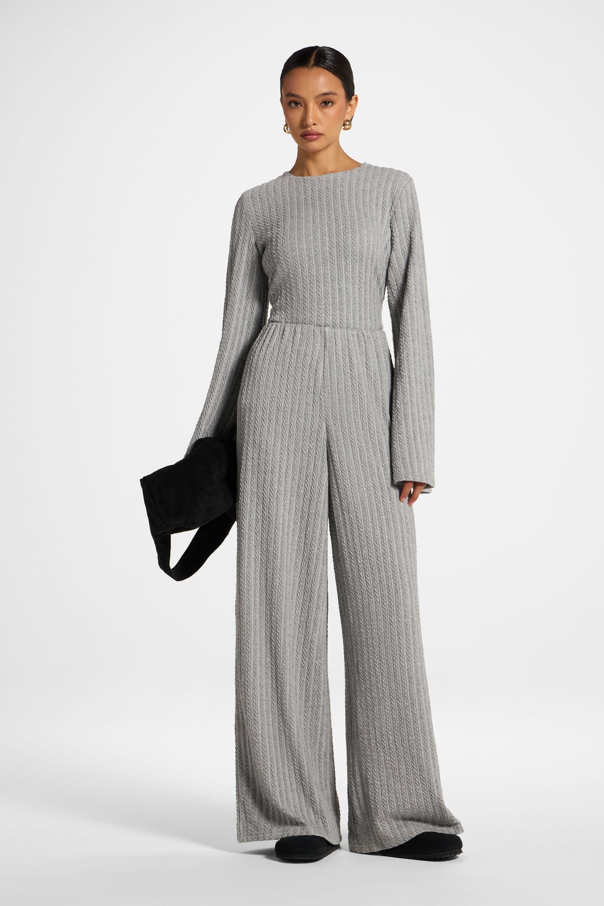 Cotton Blend Wide Leg Pants - Charcoal
