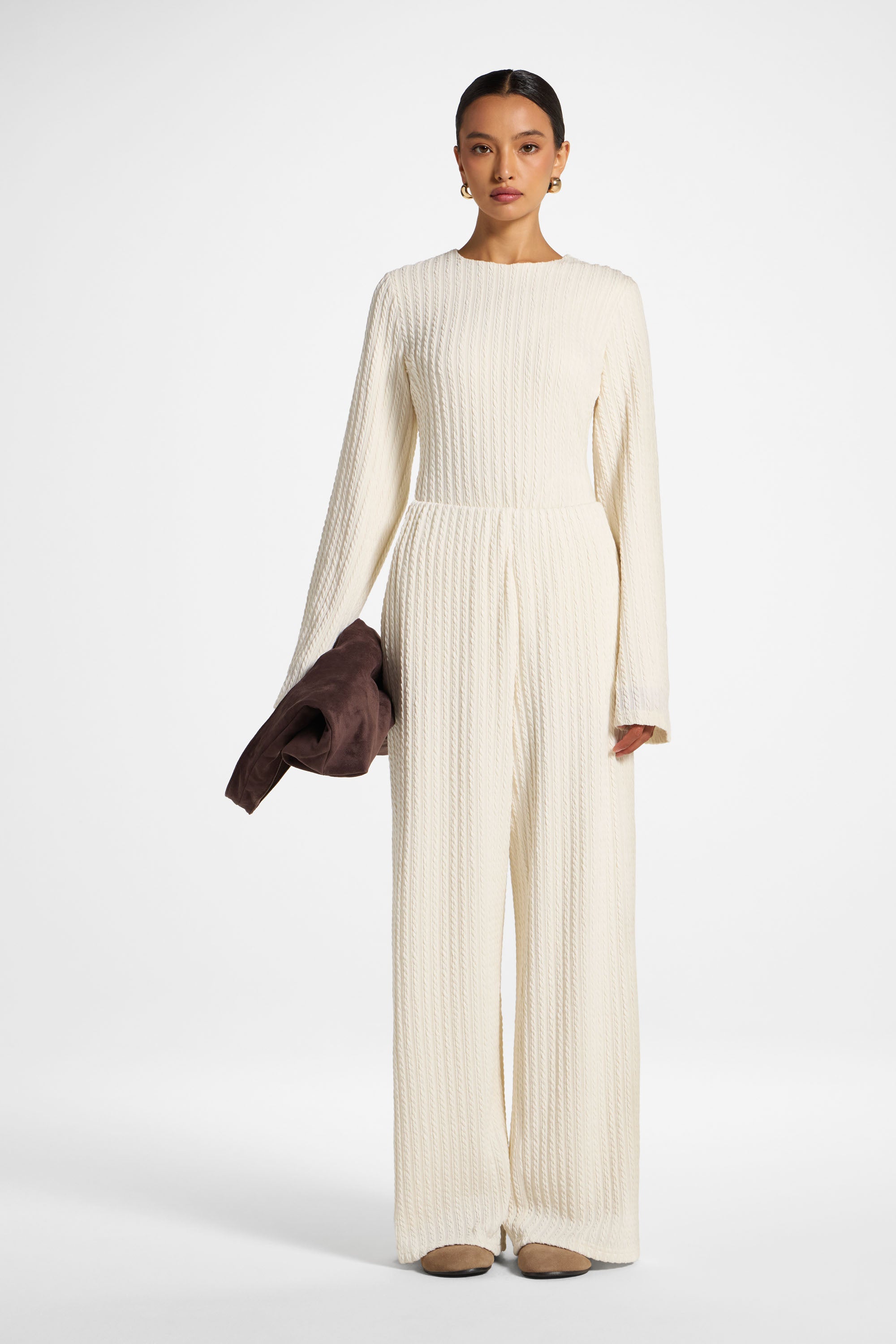 Cotton Blend Wide Leg Pants - Sand