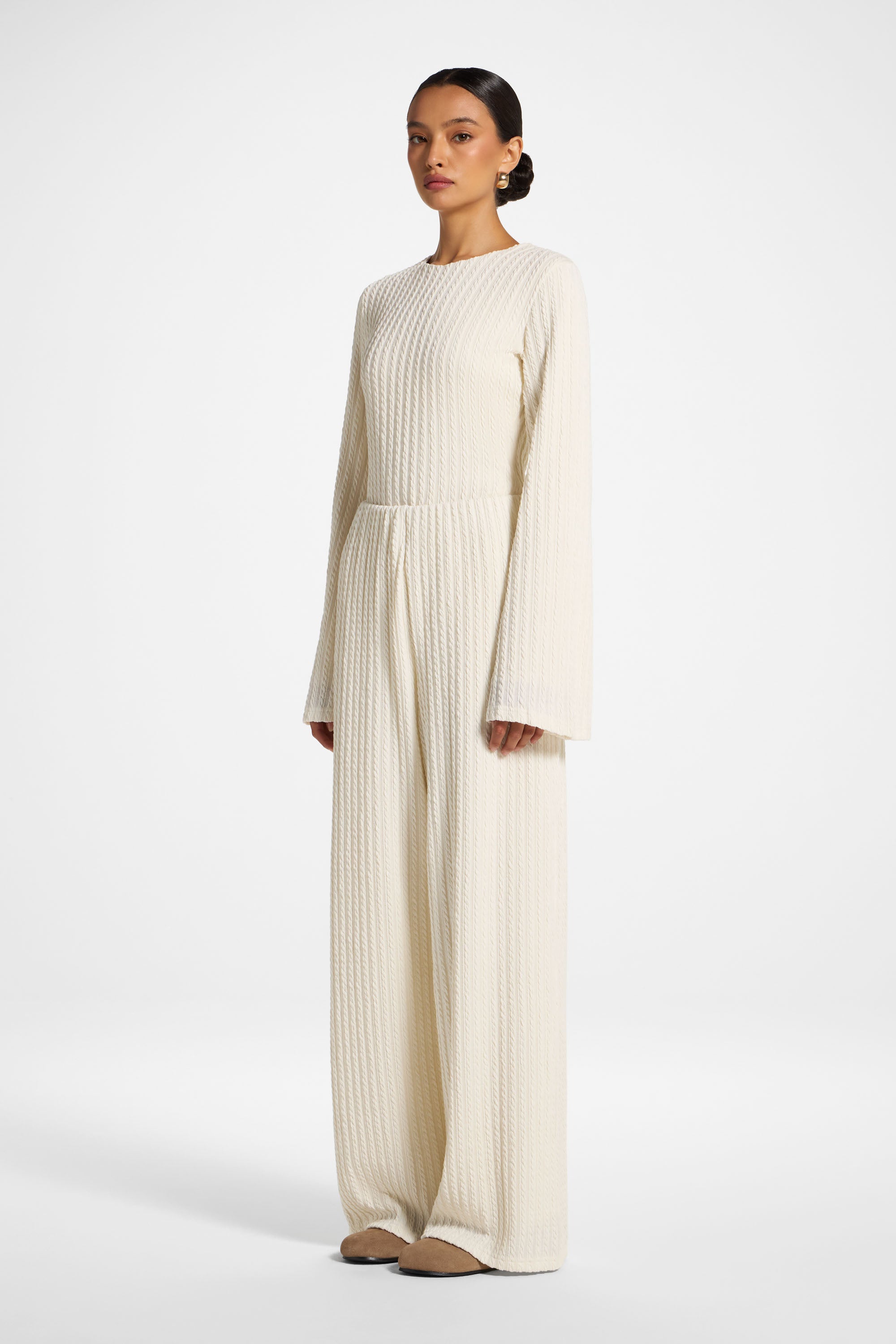 Cotton Blend Wide Leg Pants - Sand