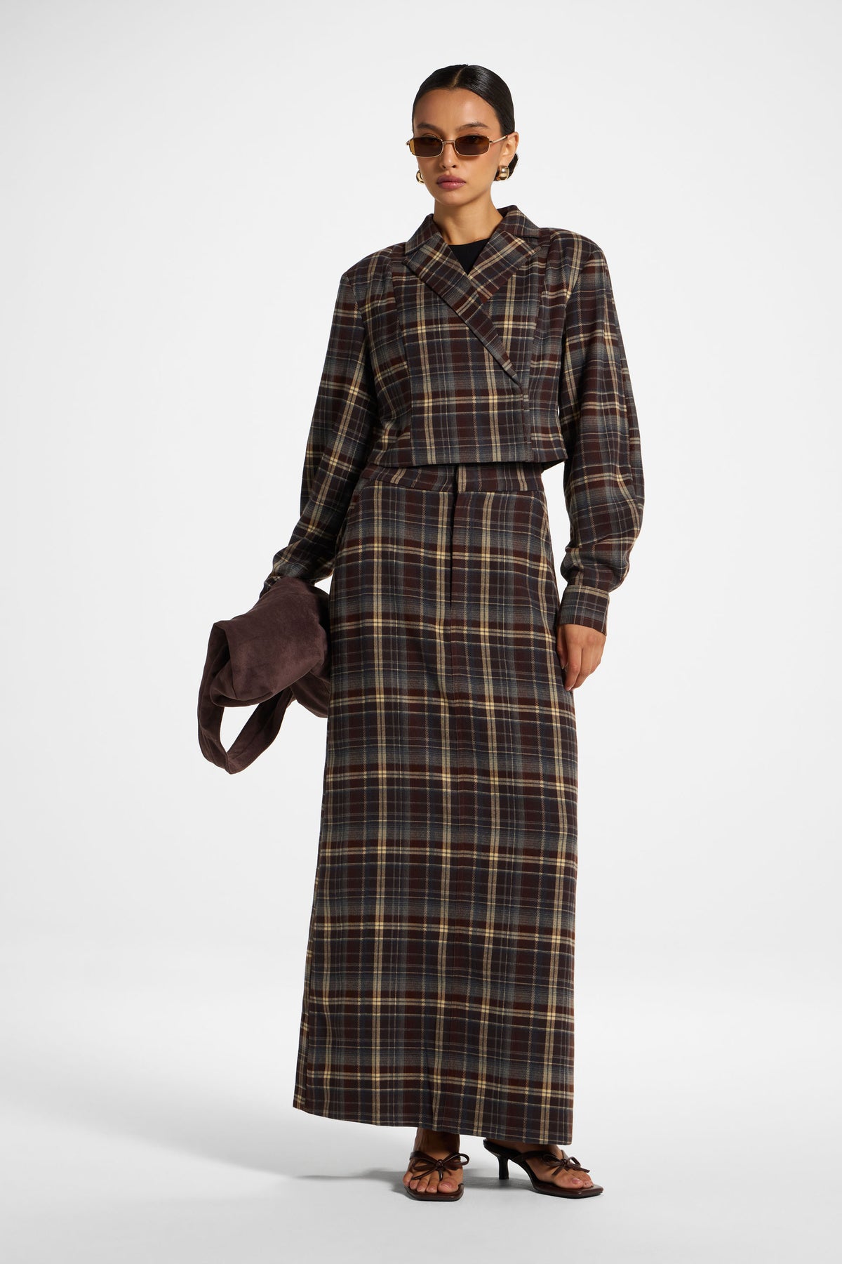 Brushed Plaid Cropped Jacket - Midnight Espresso