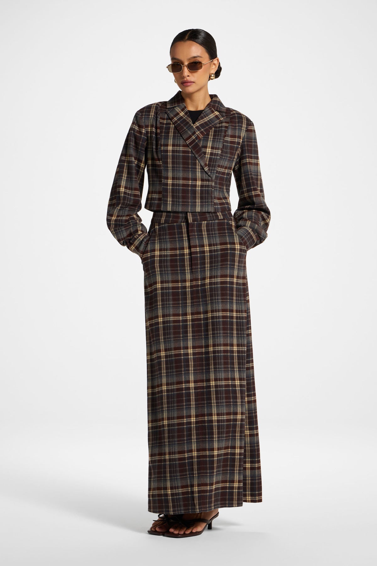 Brushed Plaid Cropped Jacket - Midnight Espresso