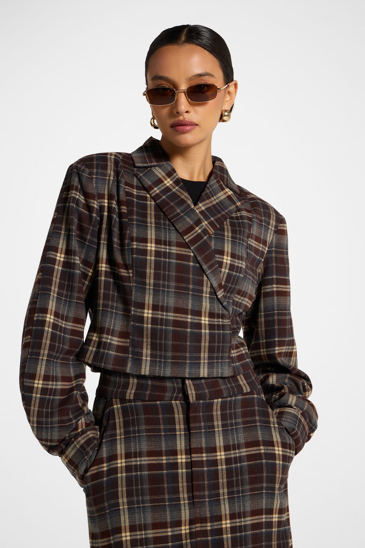 Brushed Plaid Cropped Jacket - Midnight Espresso