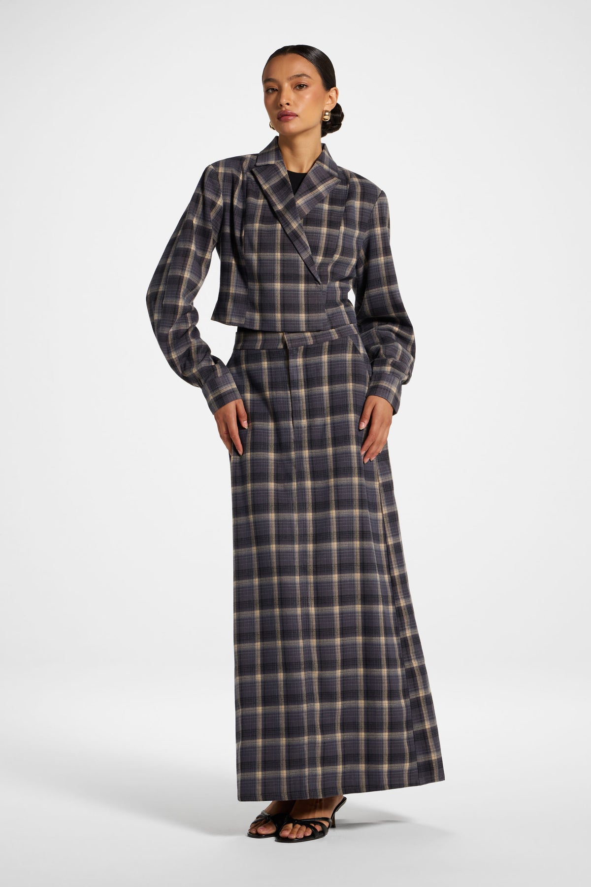 Brushed Plaid Cropped Jacket - Midnight Storm
