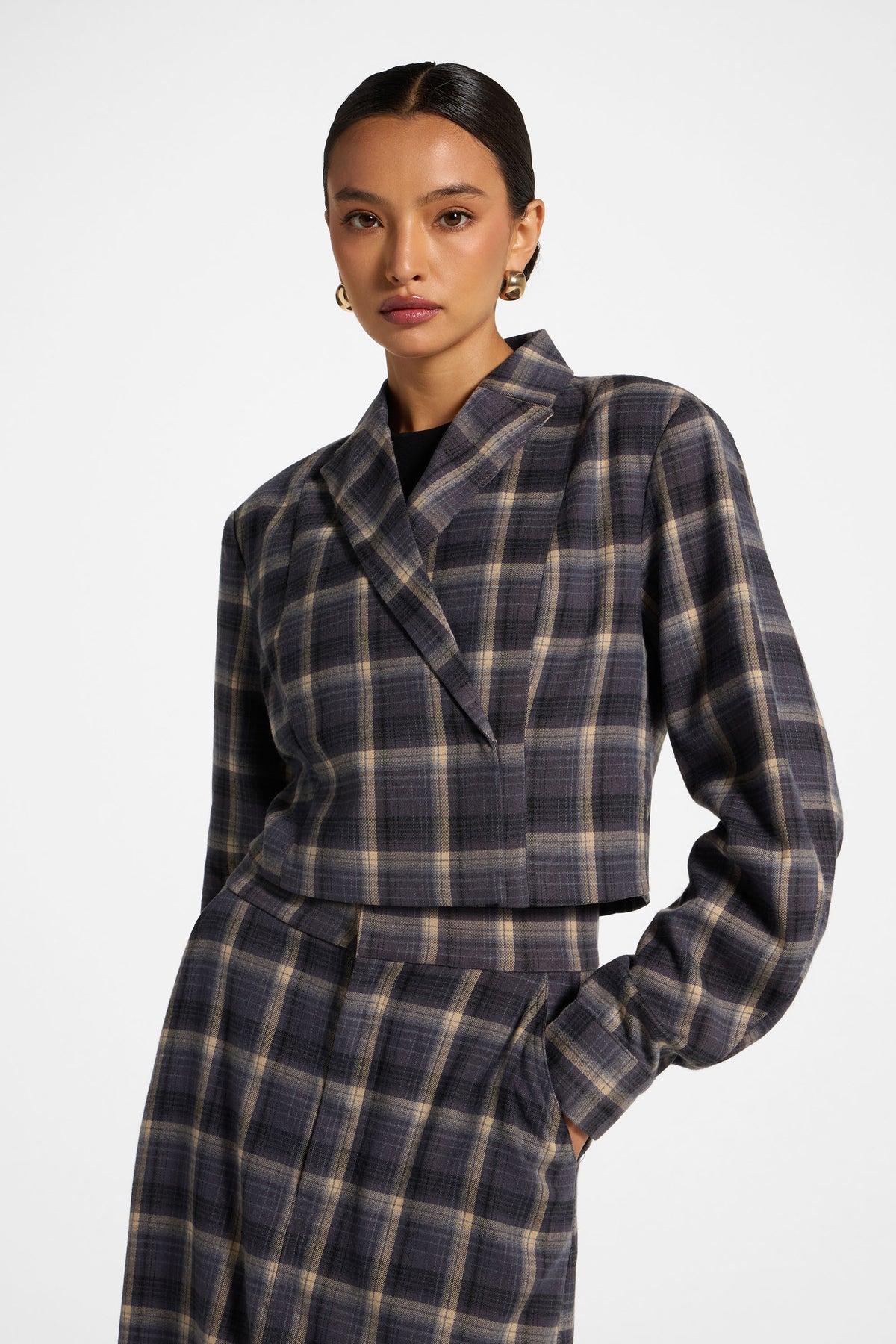 Brushed Plaid Cropped Jacket - Midnight Storm